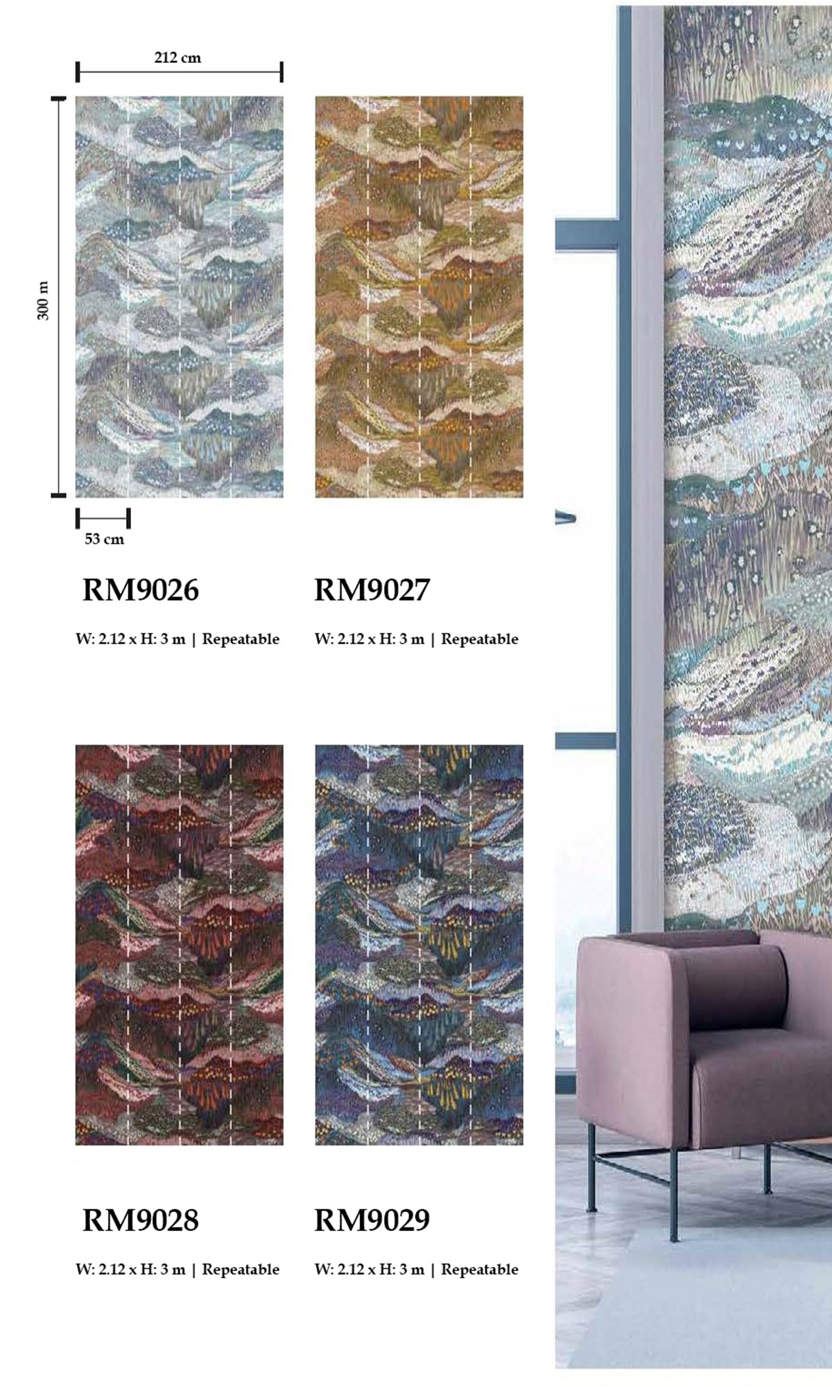 Burgundy-Colored Panoramic Valleys Decorative Wallpaper RM9028 for Home Interior