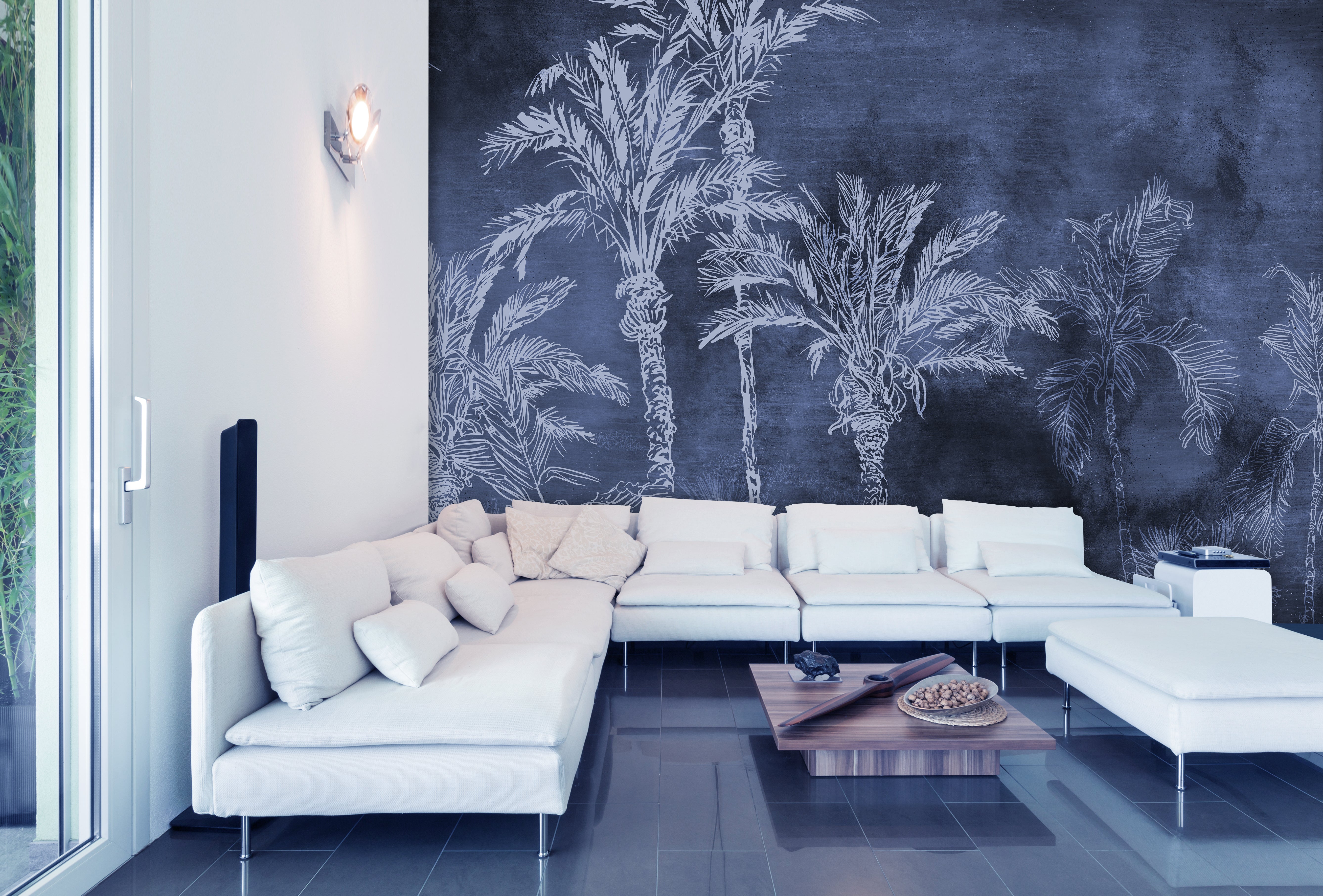 Exquisite Tropical Blue Palms Wall Decorative Mural Wallpaper M1441