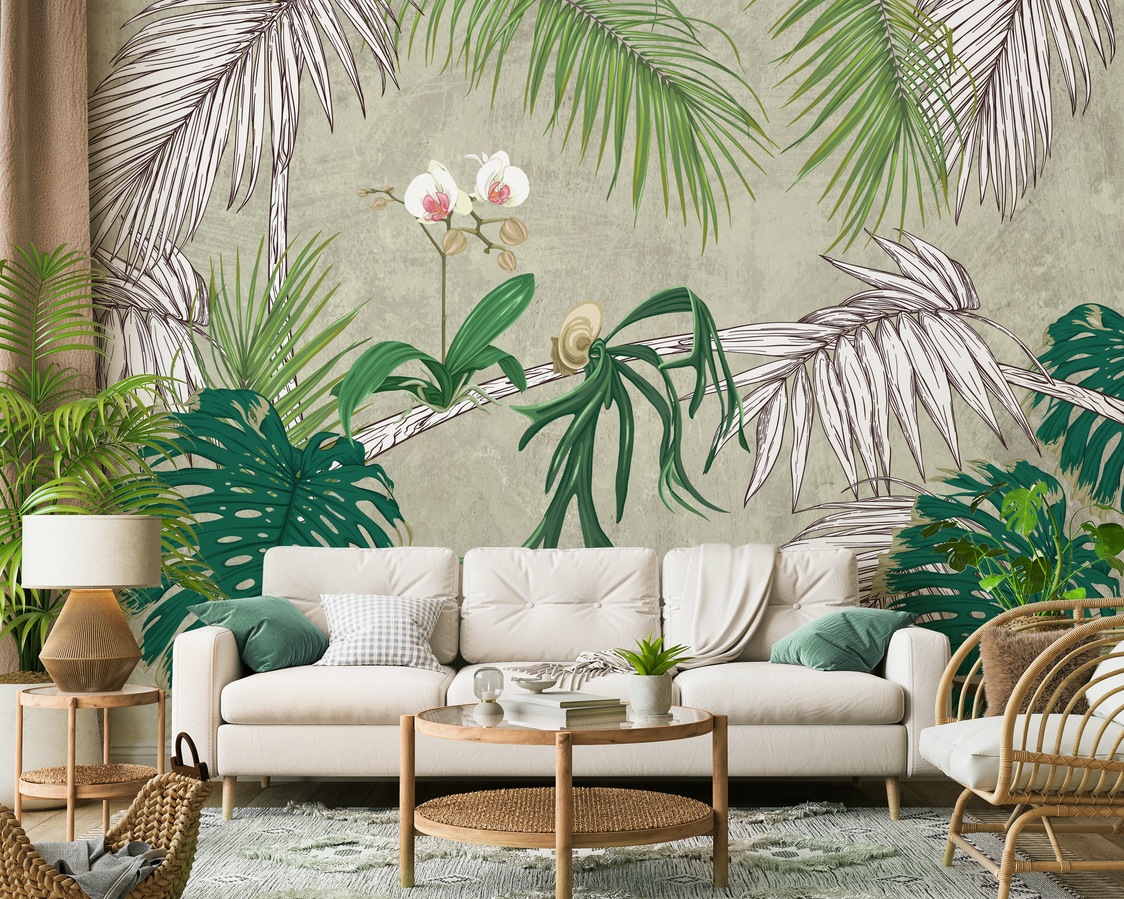 Exquisite Green Orchid Flower and Leaves Decorative Mural Wallpaper M1407 for Home Interiors