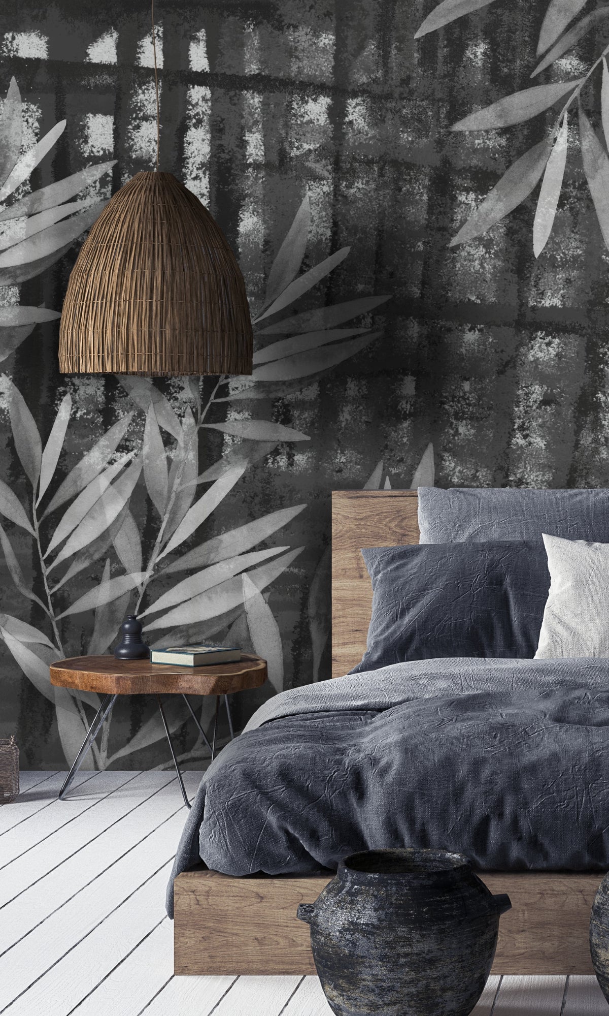 Stunning Black and White Leaf Pattern Metal Mural Wallpaper - Ideal for Interior Decoration, Model M1321
