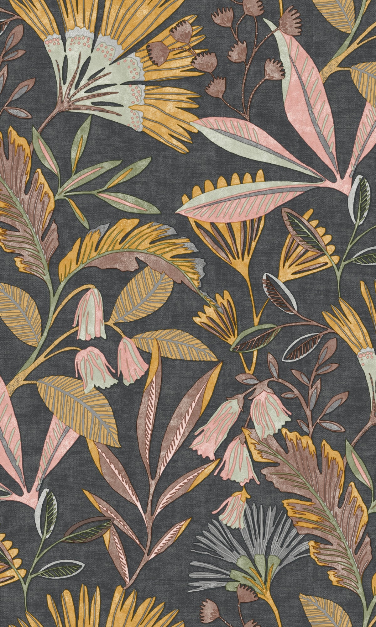 Premium Black Tropical Flowers and Trees Decorative Botanical Wallpaper R8912