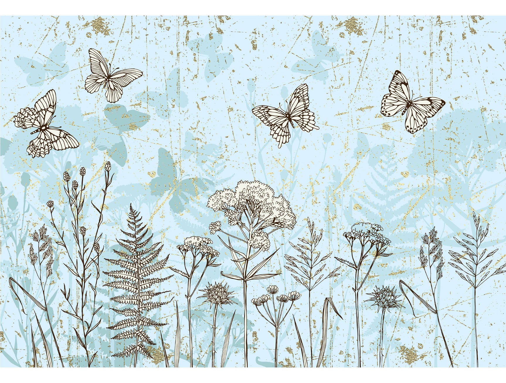 High - Quality Blue Mural Wallpaper with Lifelike Plants and Butterflies M1427