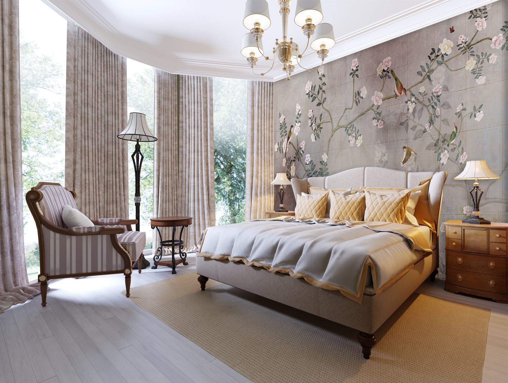 Exquisite Neutral Tile Patterned Mural Wallpaper with Delicate Blooms Design M1466