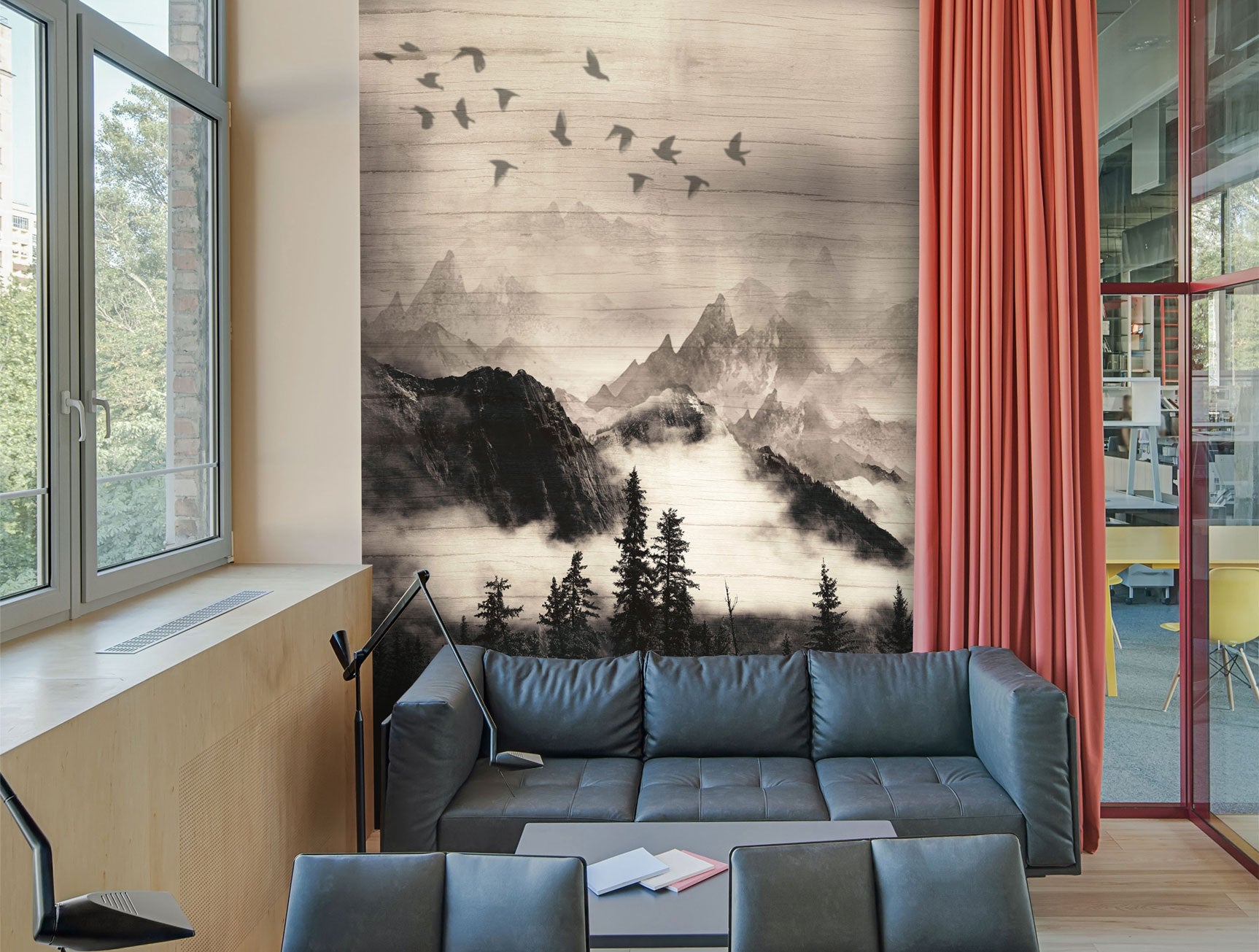 Elegant Neutral - Hued Bird Migration Mural Wallpaper M1387
