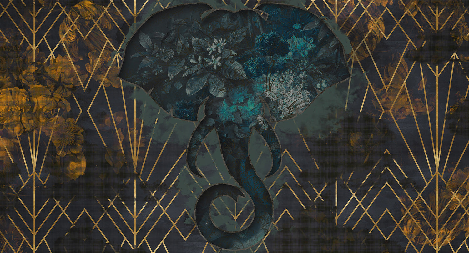 African Inspired Geometric Mural - Blue Floral Elephant M9505