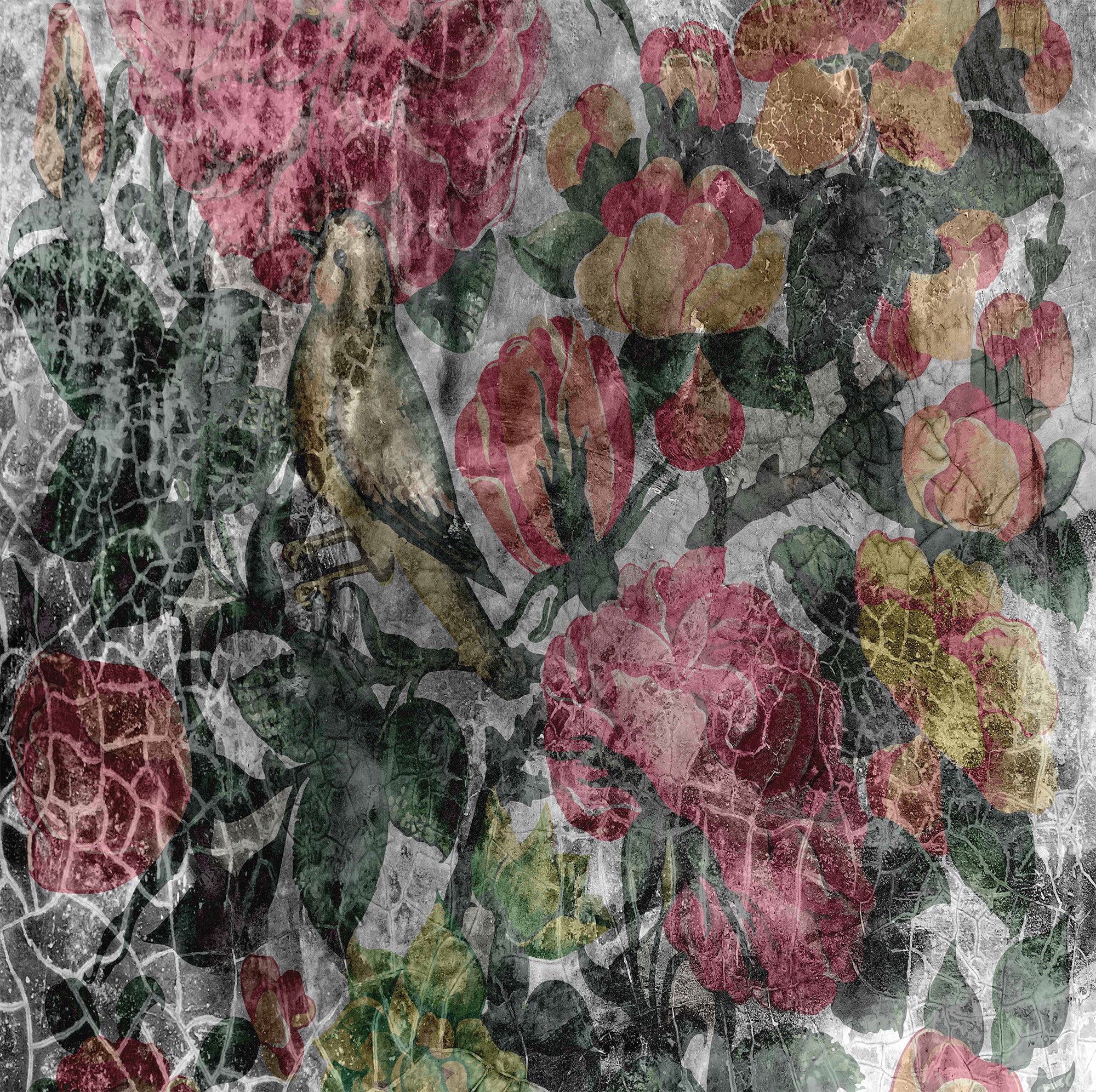Elegant Weathered Floral Wallpaper Mural M9595 for Concrete - Style Decor