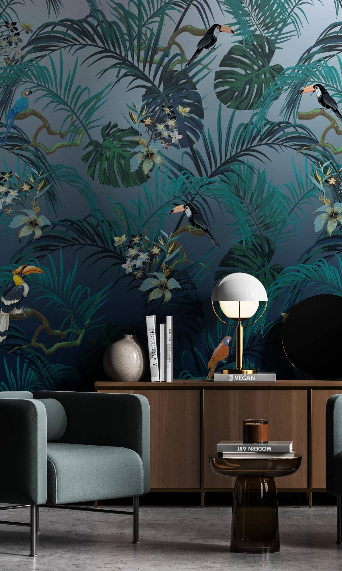 Exquisite Digital Printed Green Tropical Birds Decorative Mural Wallpaper M1329