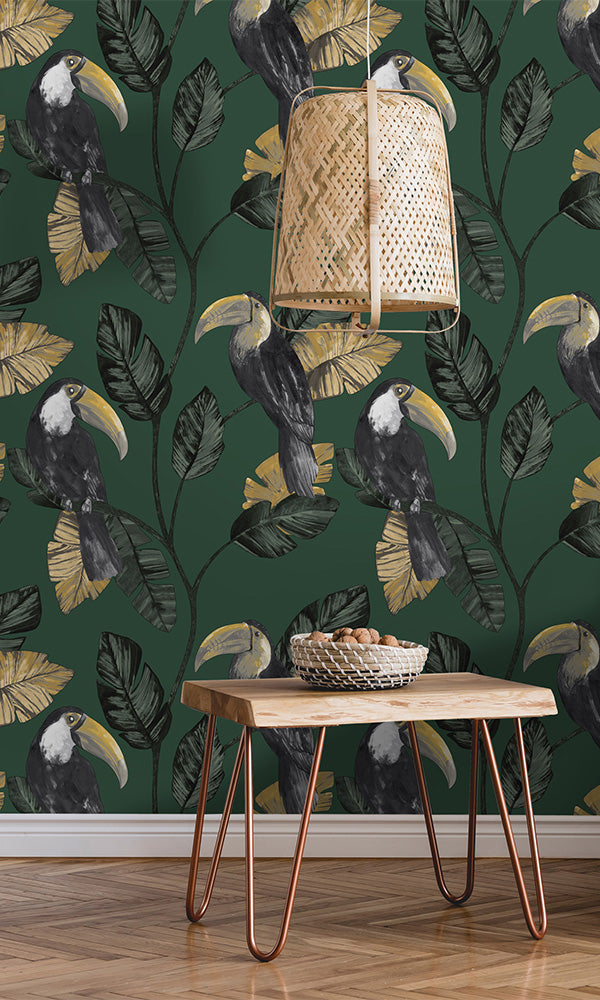 Stunning Green Tropical Toucans Hand - Painted Wallpaper R7357