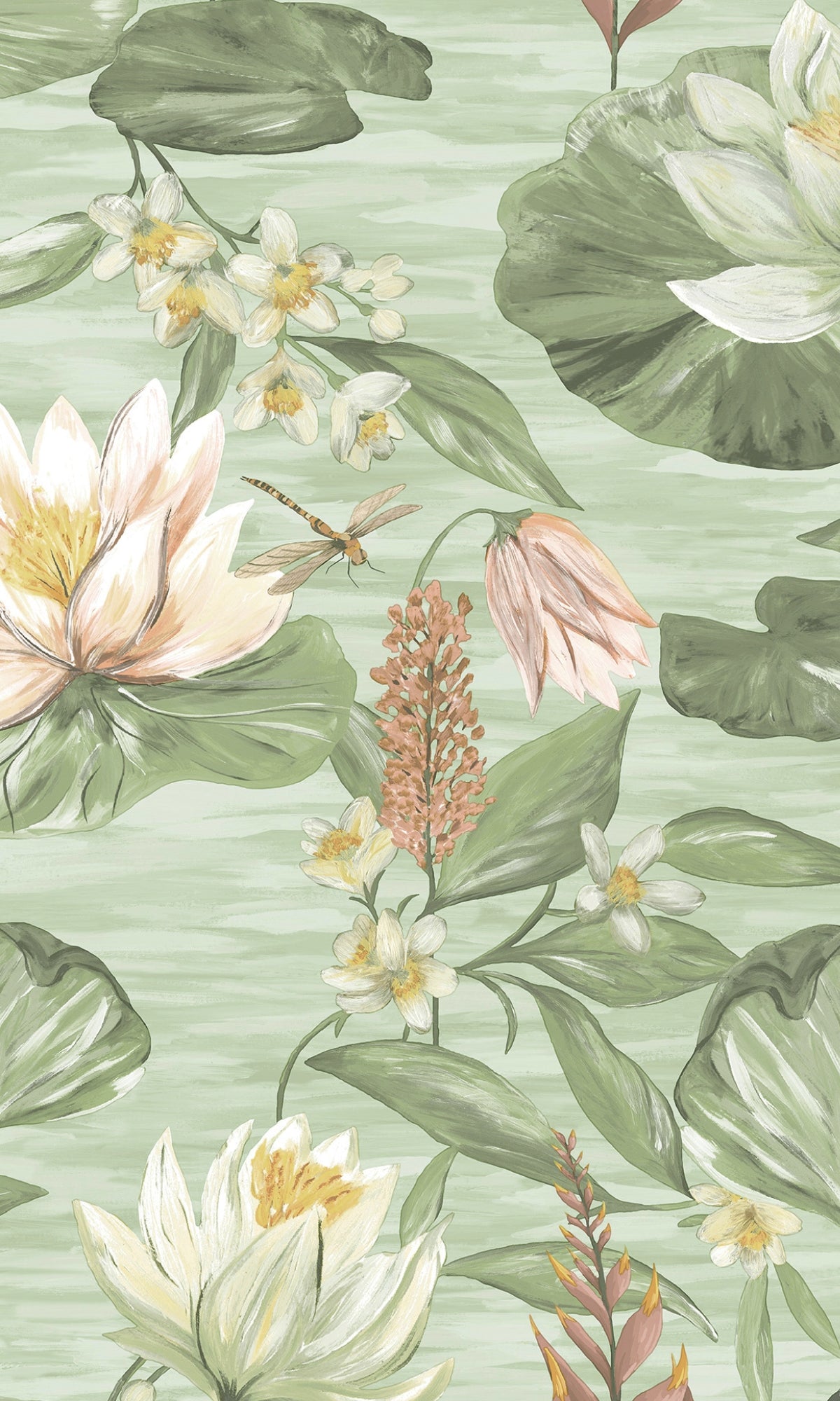 Scrubbable Green Floral Wallpaper with Pink and Yellow Waterlilies R8803