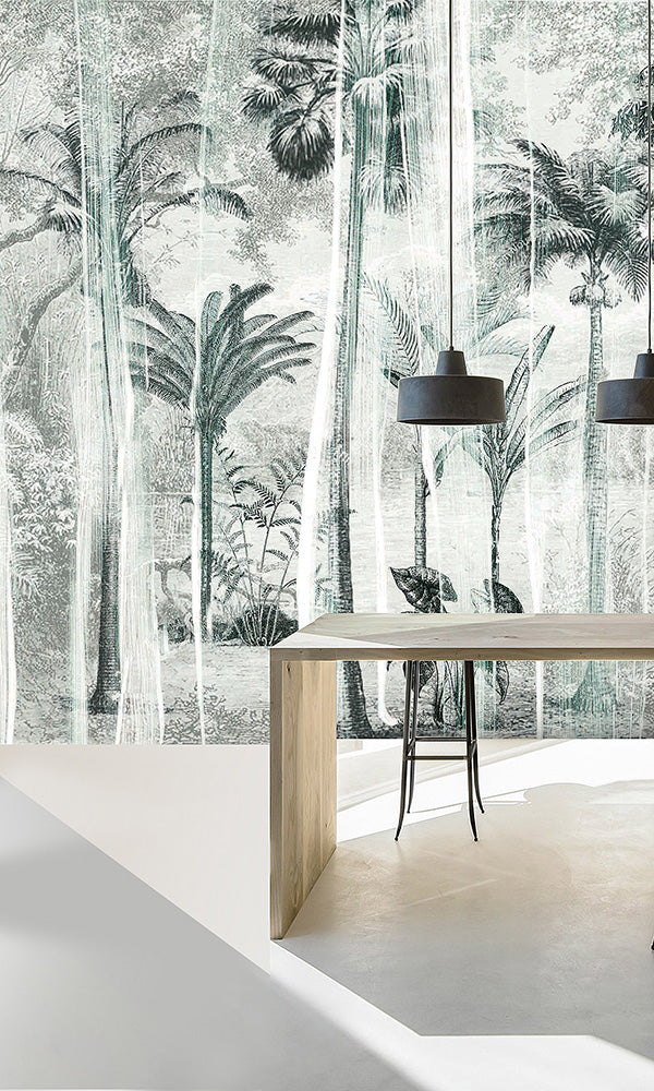 Antique Tropical Digital Print - Engraved Beach Landscape with Large Tropical Trees M9601