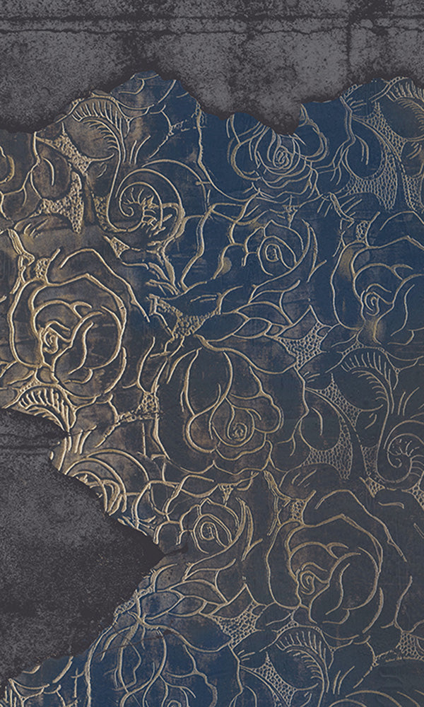 Stunning Blue Floral Engraved Concrete Wall Mural M9563