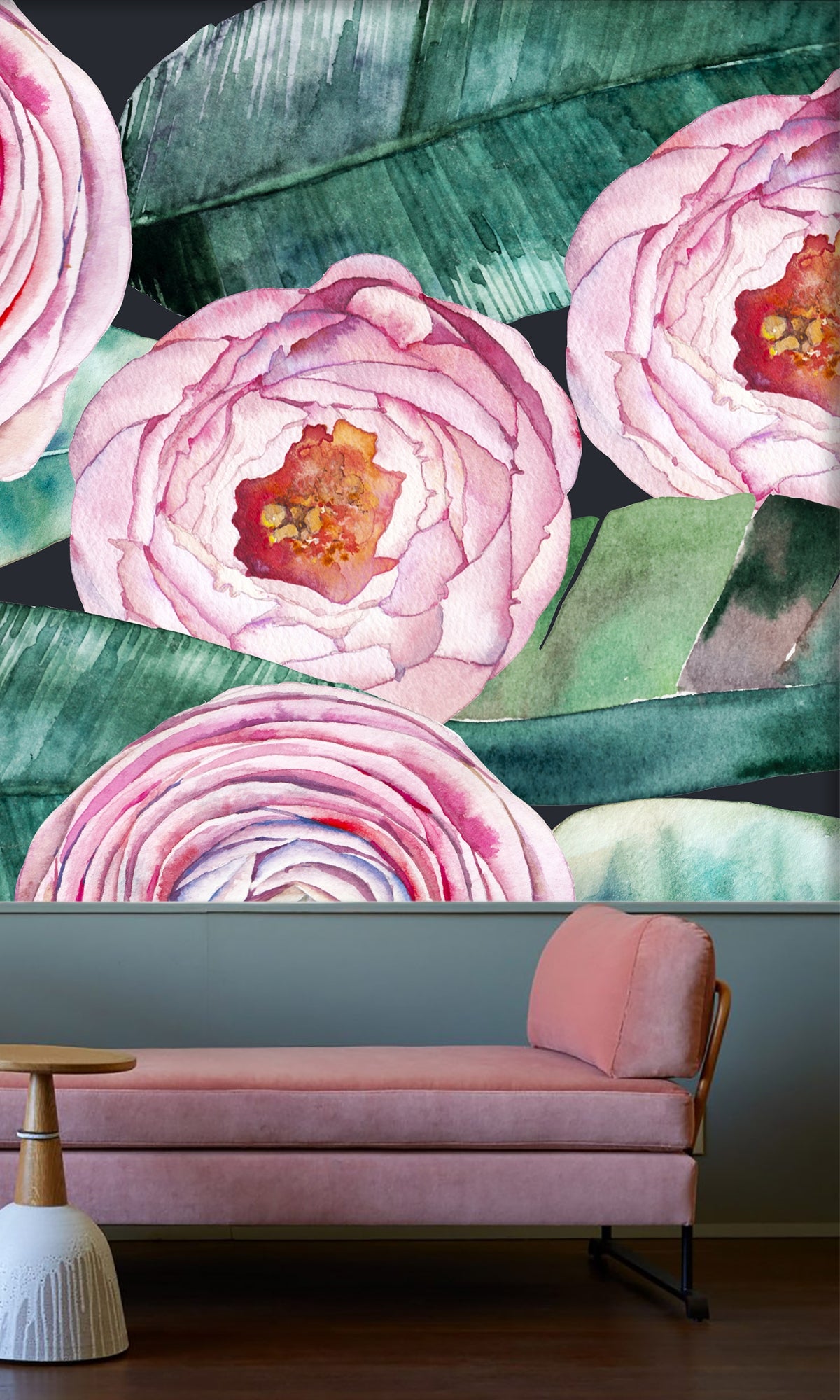 Exquisite Soft Green and Pink Watercolour Rose Mural Wallpaper M1194