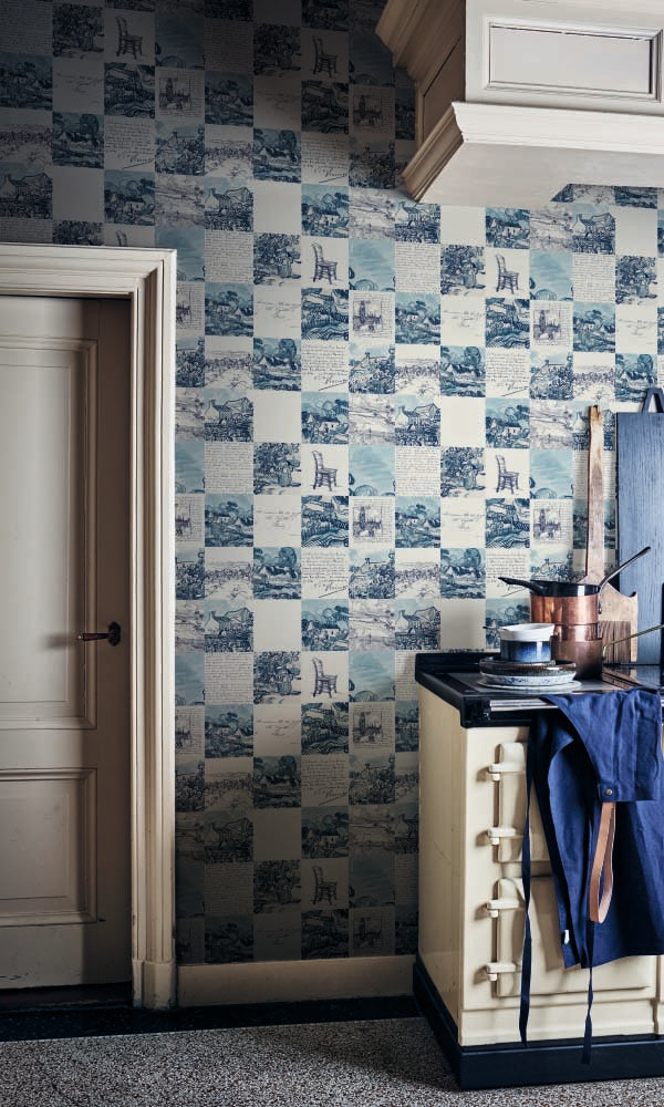 Vintage Blue and White Tiled Landscape Decorative Wallpaper R6011