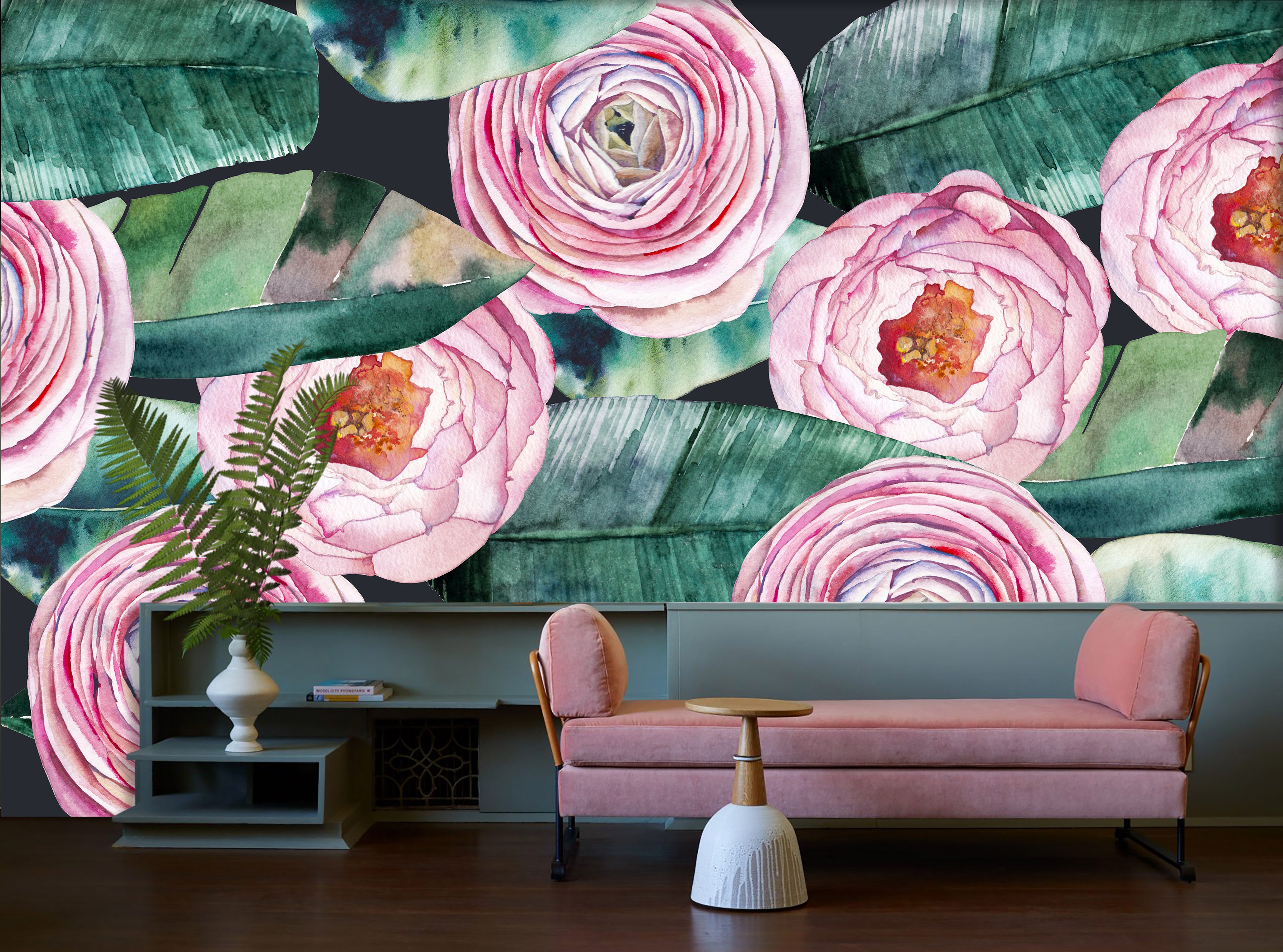 Exquisite Soft Green and Pink Watercolour Rose Mural Wallpaper M1194