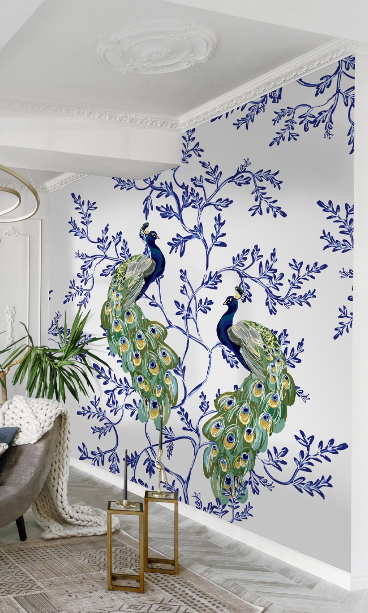 Stunning Blue Peacocks-themed Mural Wallpaper for Home Decor - Model M1432