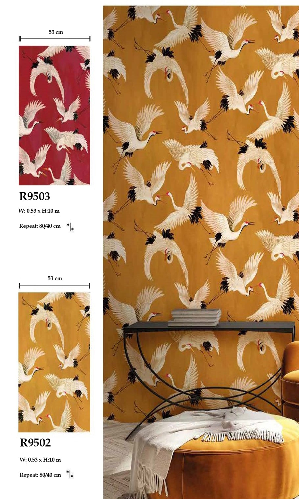 Textured Ochre Flying Cranes Wallpaper R9502 - Ideal for Home Decor