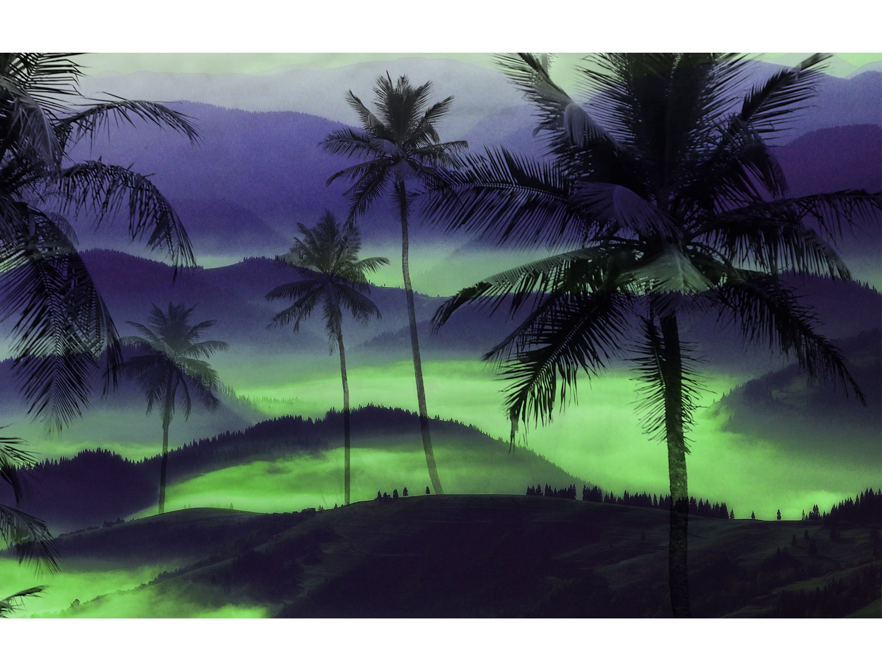 High - Quality Green and Lavender Palm Trees and Mountain Mural Wallpaper for Interior Decoration - M1269