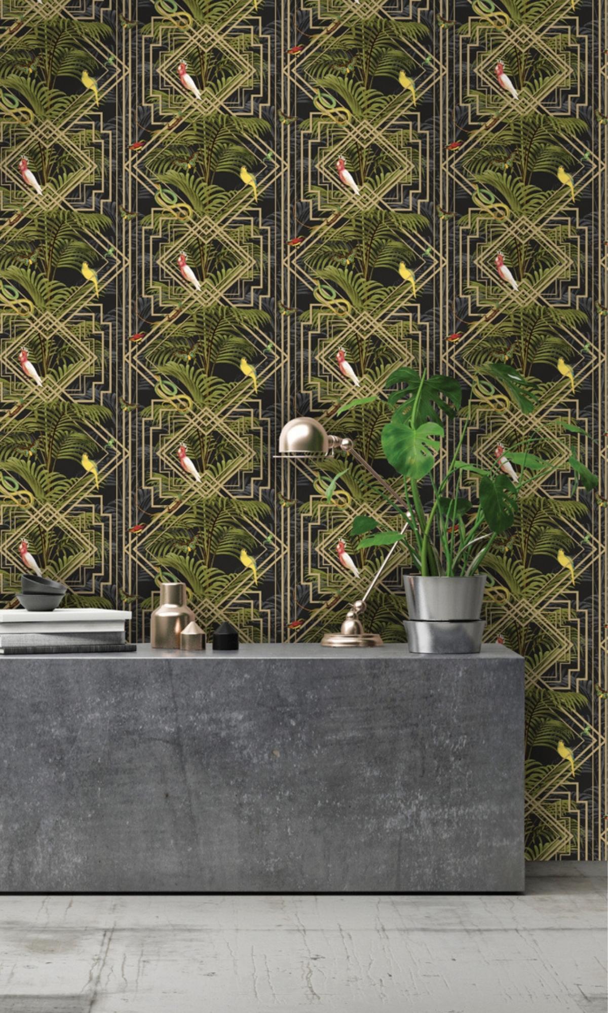 Exquisite Black Art Deco Style Geometric Tropical Wallpaper Design R7538