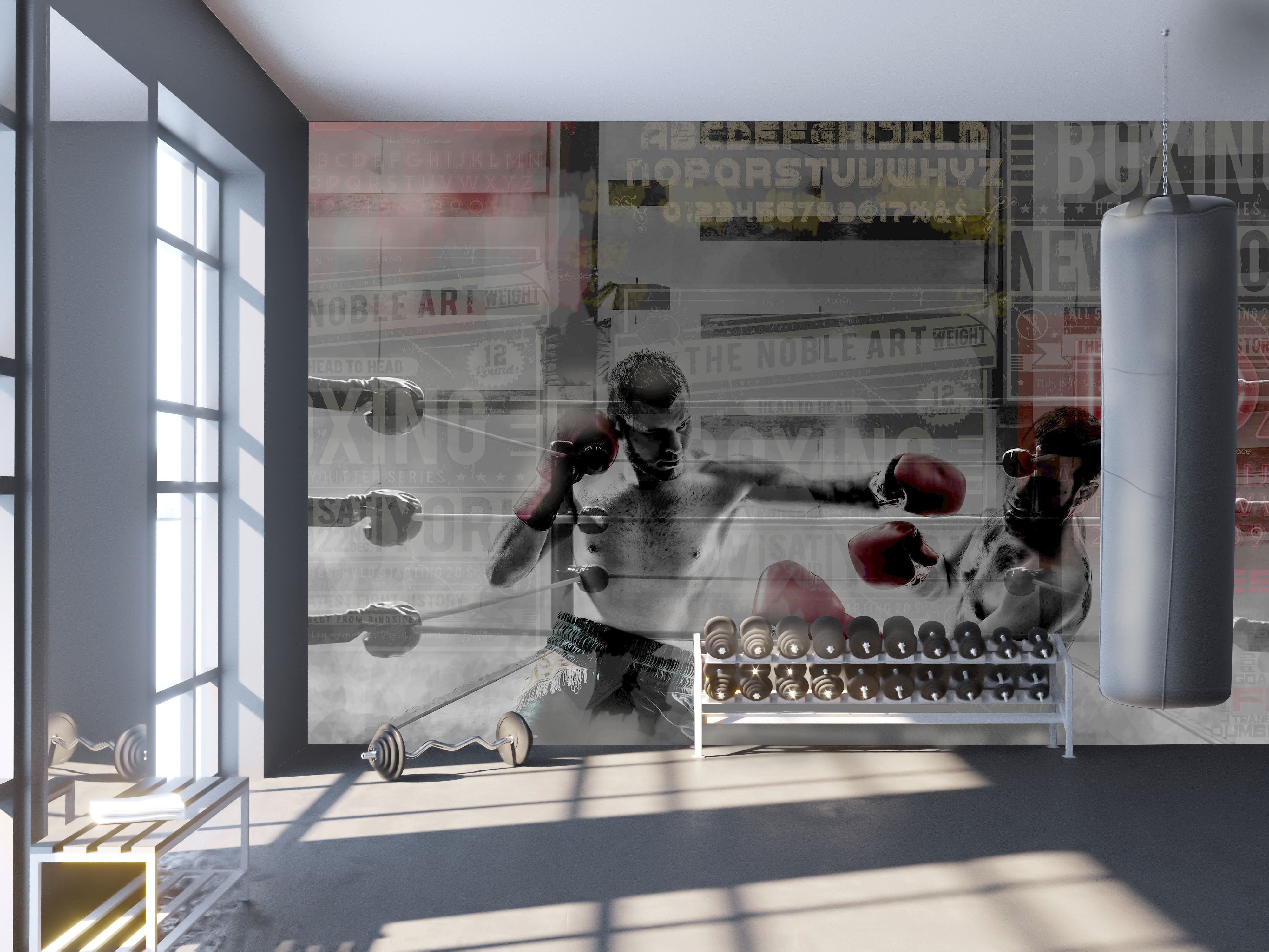 Stylish Gray Boxing and Leaves Mural Wallpaper M1451