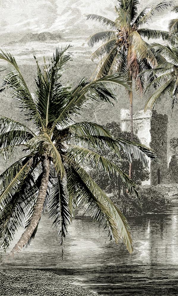 Vintage Sample of Tropical Beach Landscape Engraved Mural Wallpaper M9624
