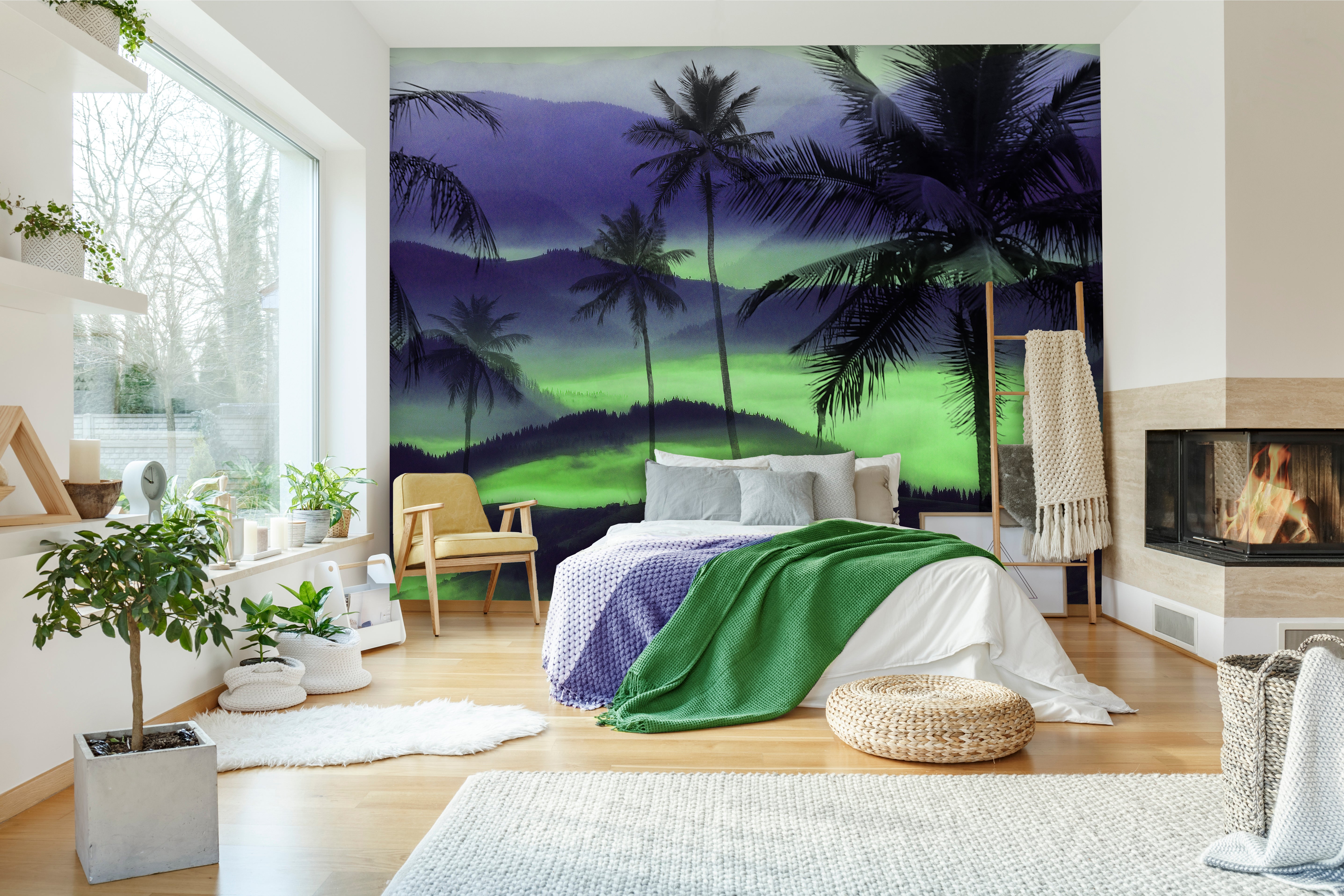 High - Quality Green and Lavender Palm Trees and Mountain Mural Wallpaper for Interior Decoration - M1269