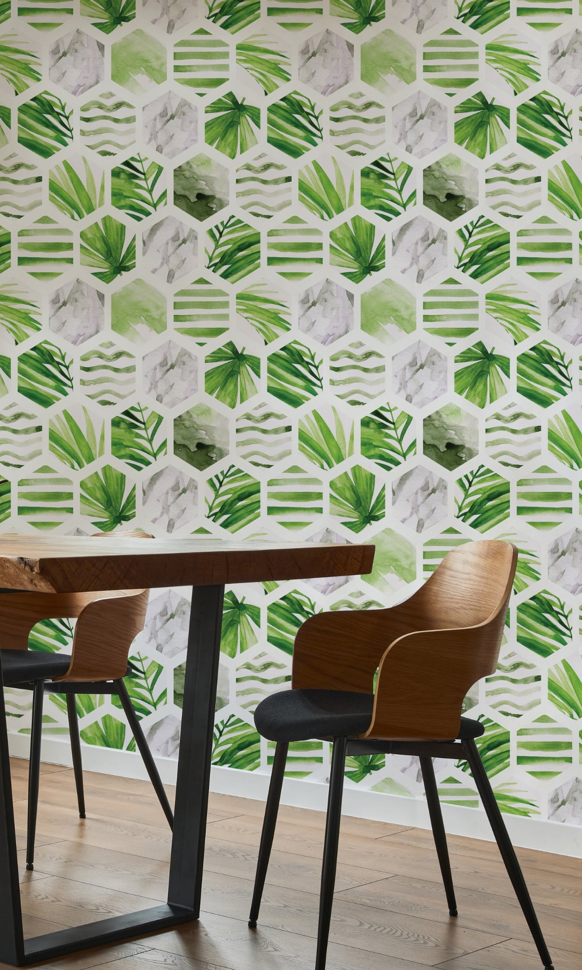 Exquisite Watercolor Hexagonal Mural Wallpaper with Lush Palm Leaves Pattern - Sample M1309