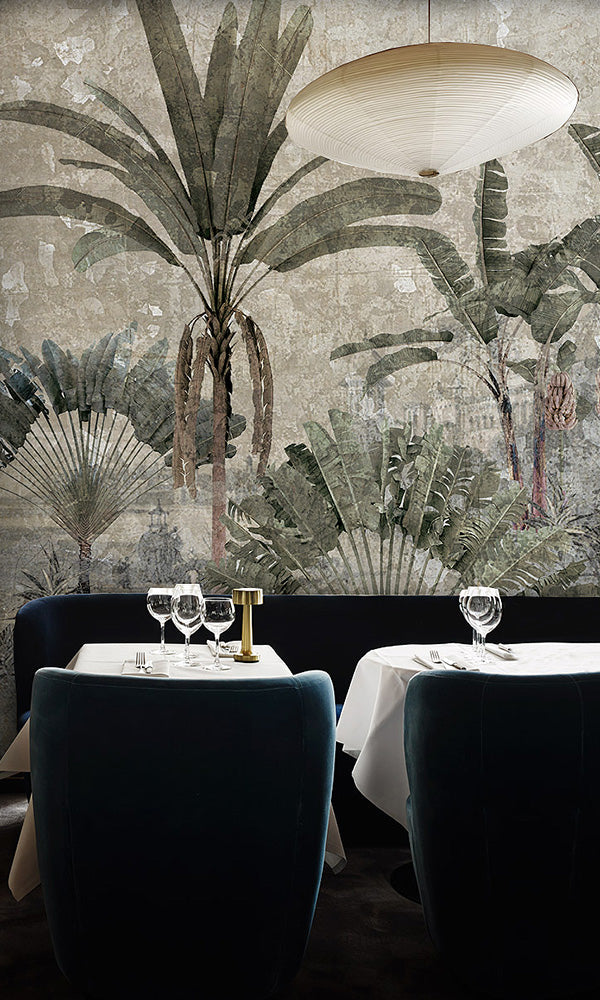 Vintage Weathered Tropical Landscape Digital Mural Wallpaper M9613