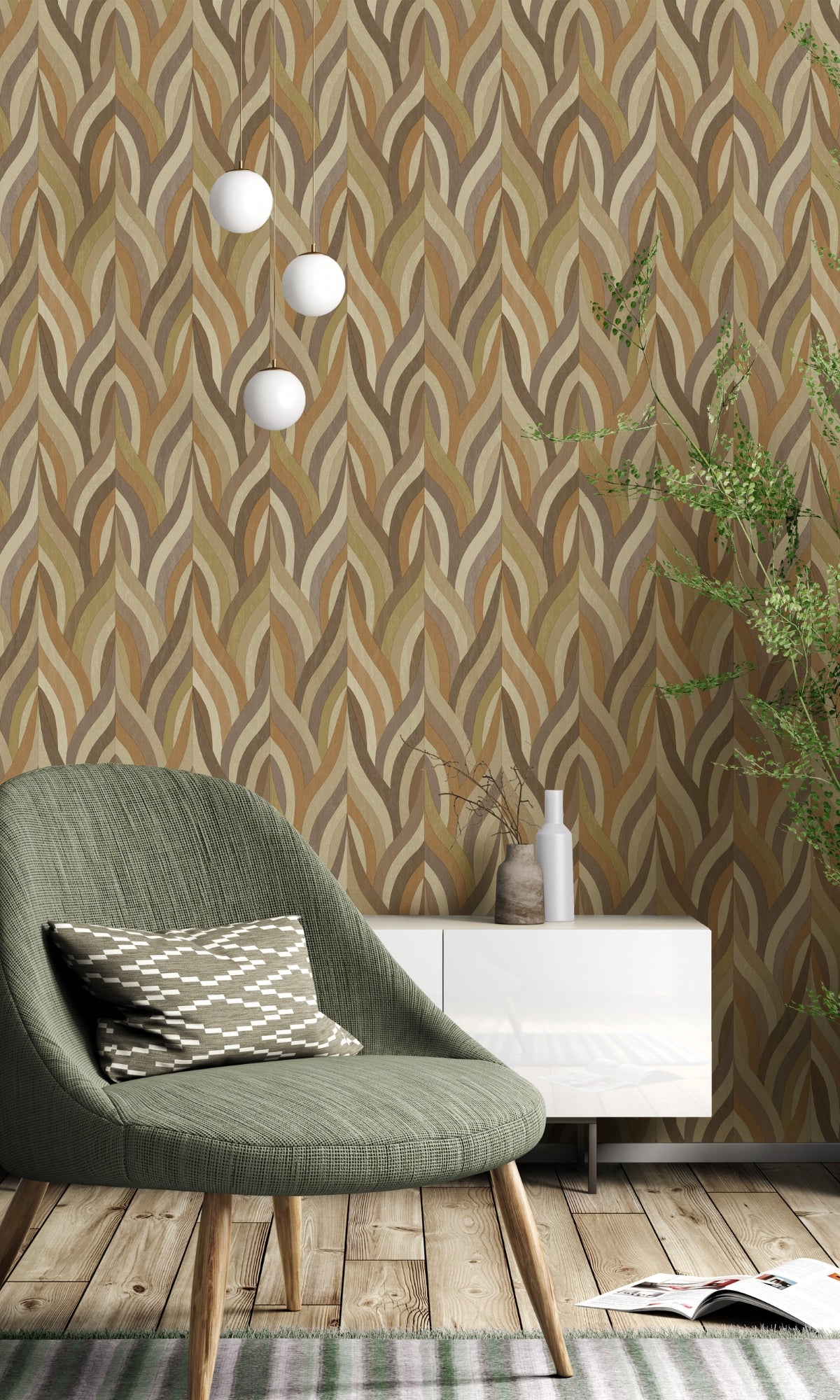 Stylish Orange Mocha Geometric Wallpaper with Interlacing Lines R8957