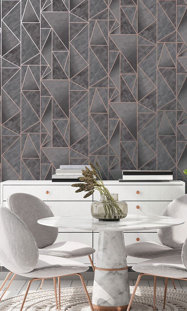 Charcoal and Rose Gold Bohemian Style Metallic Triangles Wall Decor Wallpaper R6481