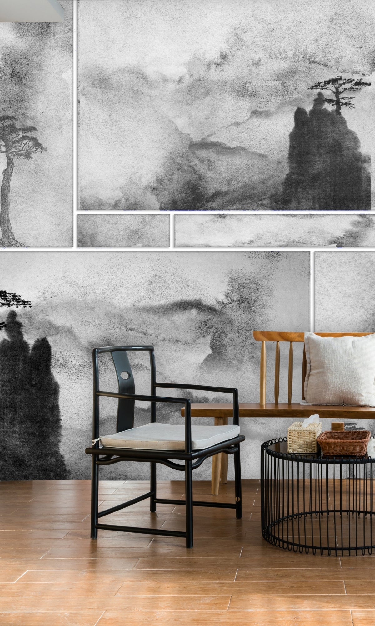 Exquisite Black and White Watercolor Japanese-Style Mural Wallpaper M1342