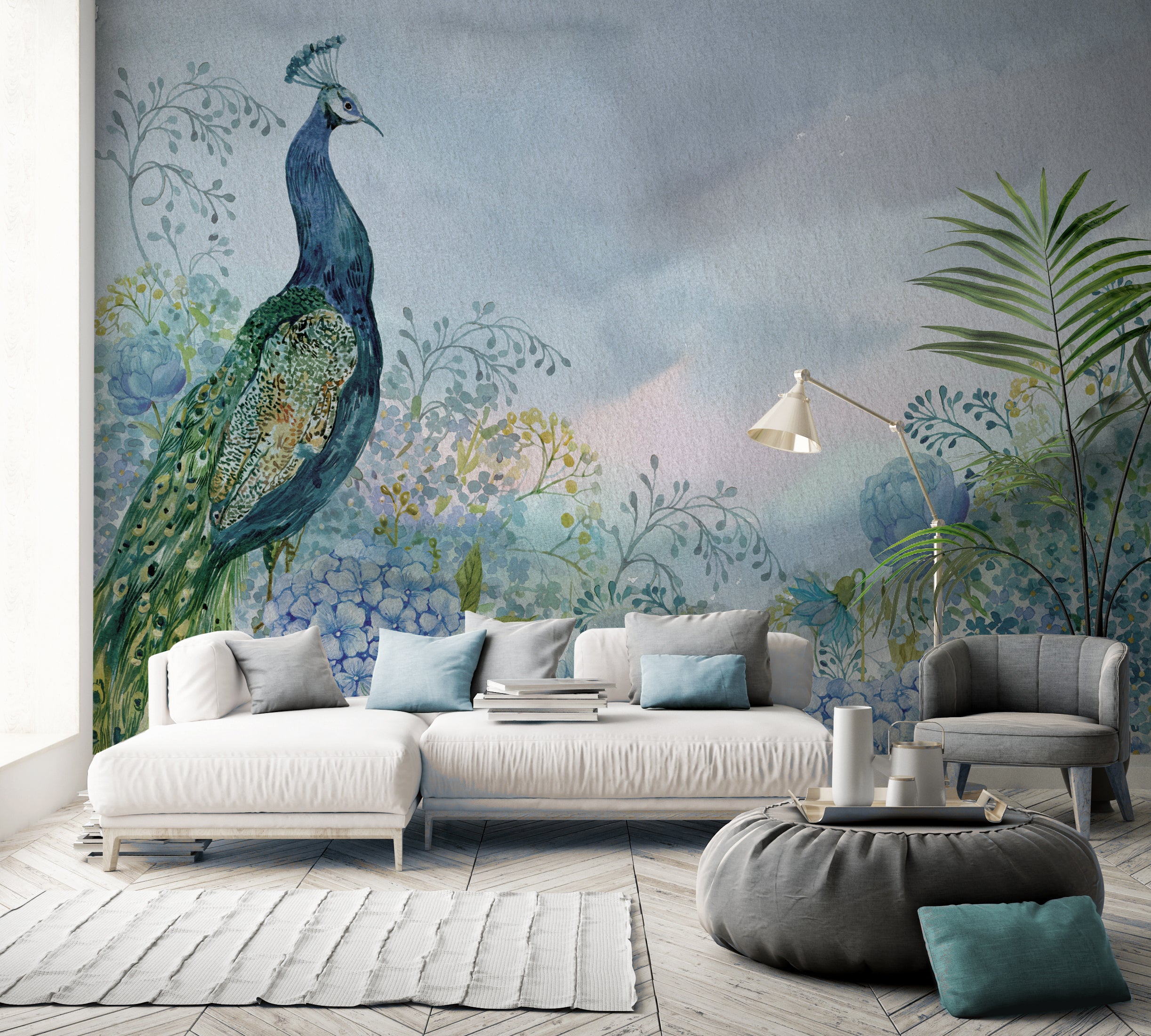 Exquisite Blue Peacock in Flower Garden Digital Mural Wallpaper M1155