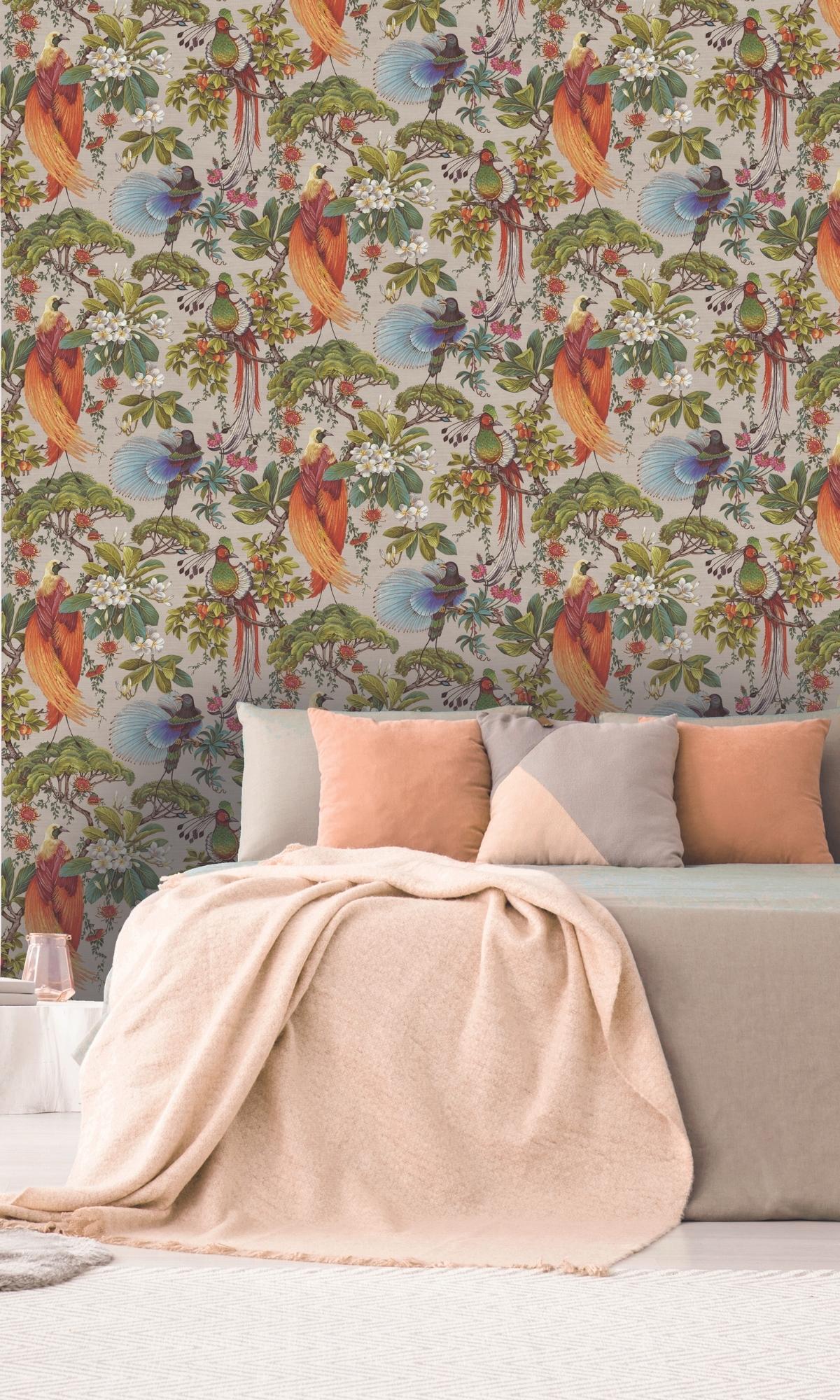 Exquisite Natural Painted Tropical Wallpaper with Oriental Birds and Trees Design - R7563