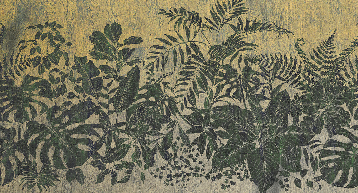 Hunter Green Jungle Leaves Printed on Faux Wood Mural Wallpaper M9508