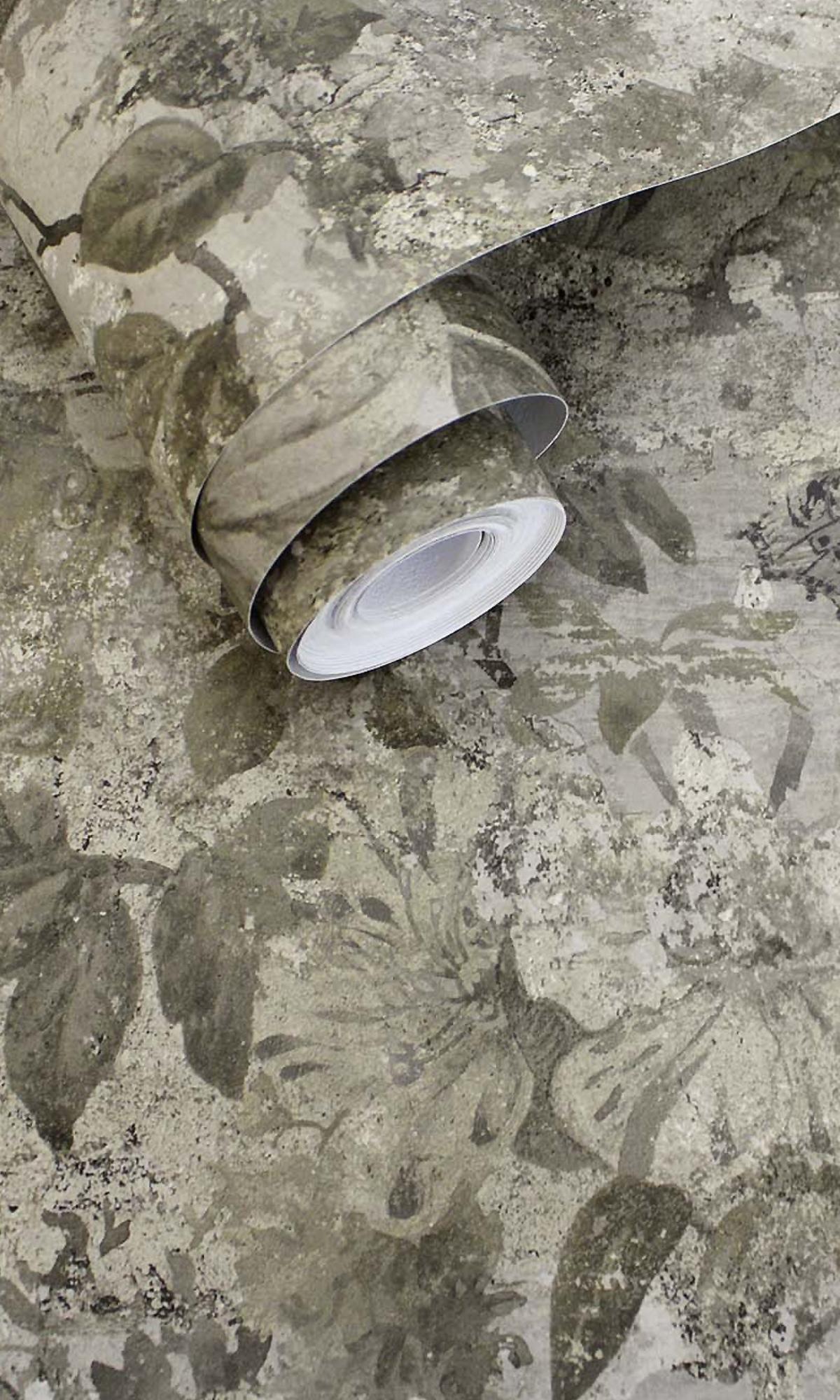 High - Quality Natural Floral and Peacock Patterned Distressed Concrete Style Wallpaper R7585
