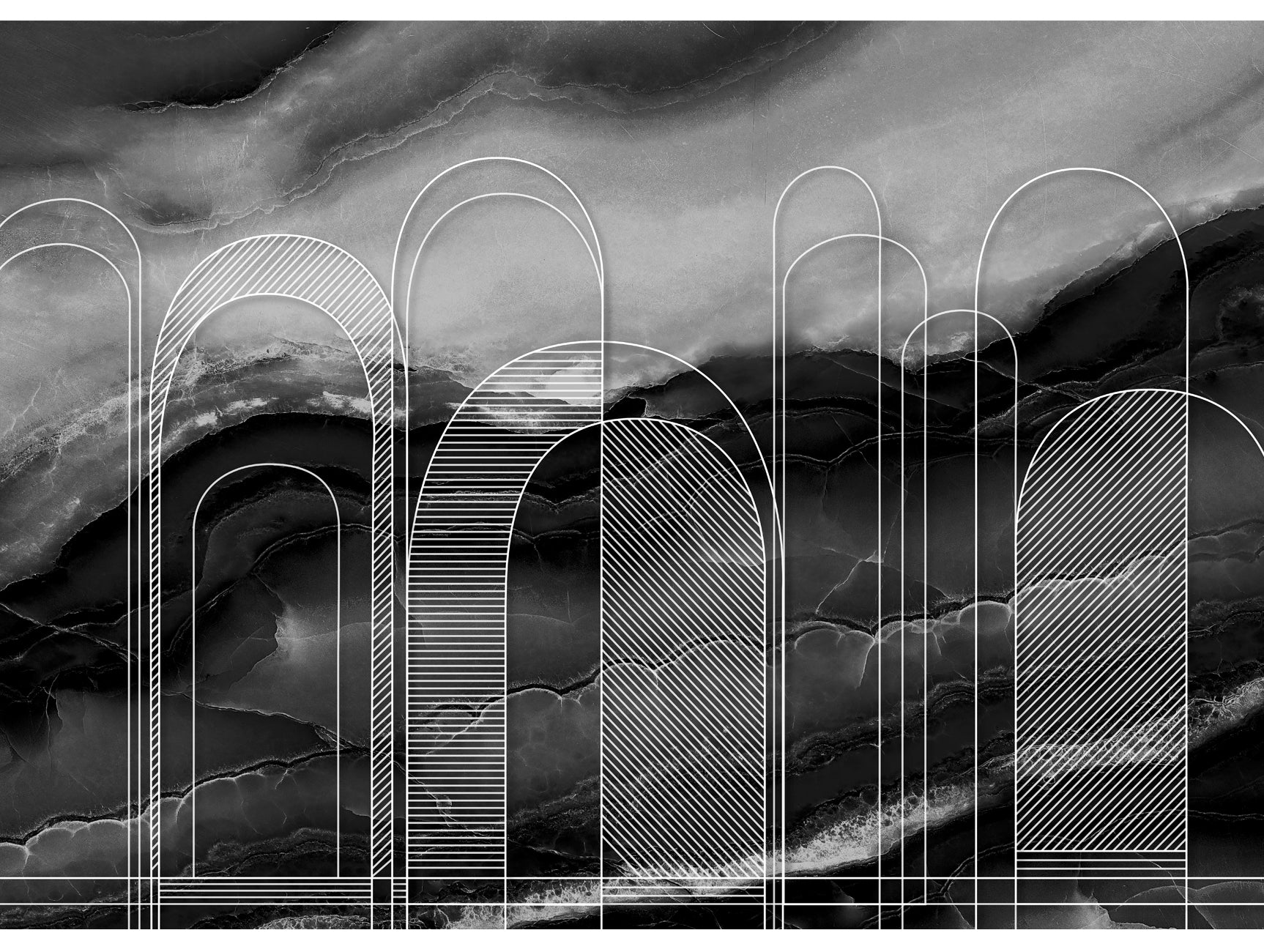 Durable Black and White Abstract Muqarnas Marble Mural Wallpaper M1335