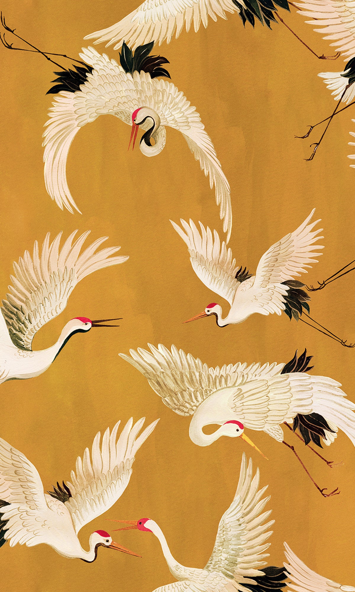 Textured Ochre Flying Cranes Wallpaper R9502 - Ideal for Home Decor