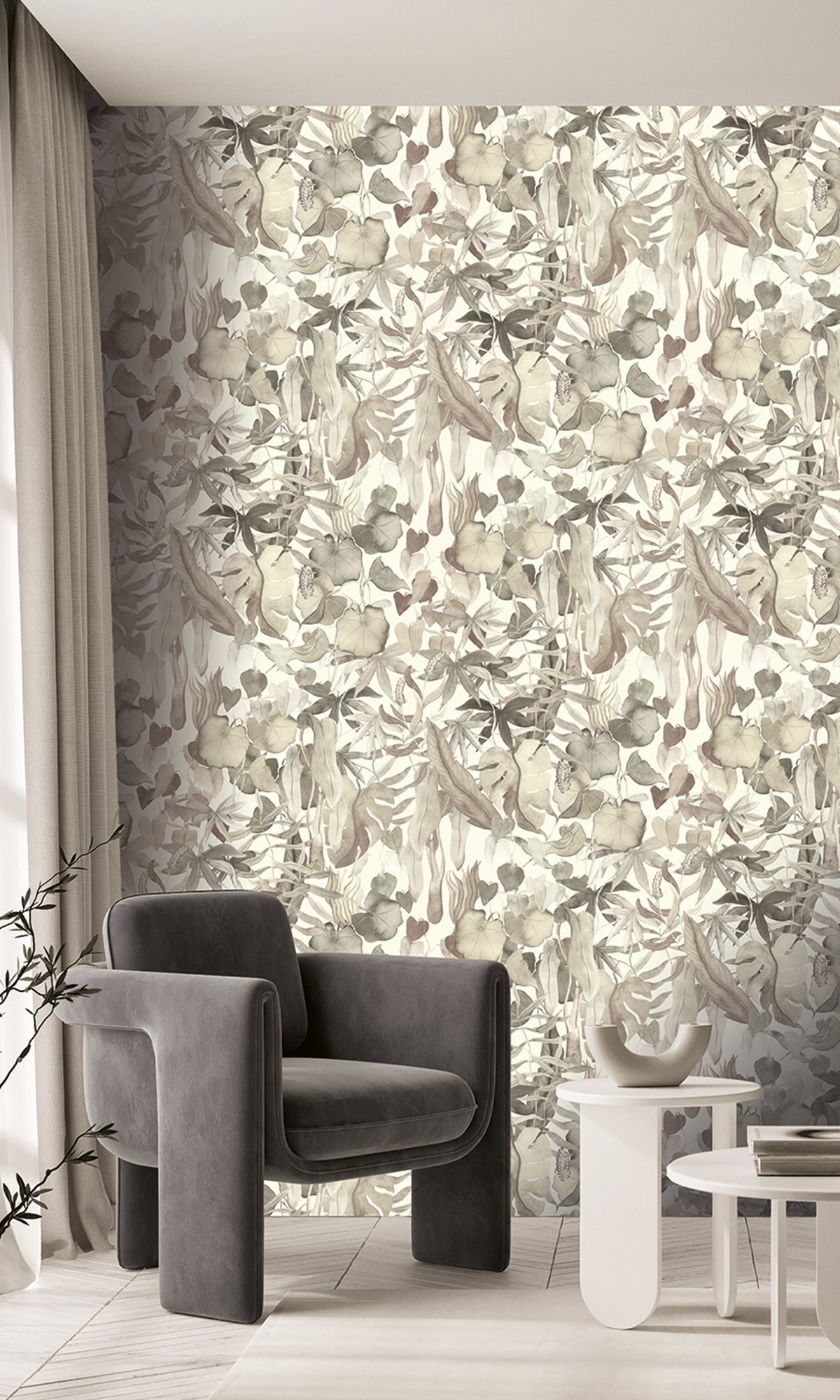 Greige-colored Abstract Leaf Pattern Non-woven Wallpaper RM9020 for Home Decoration