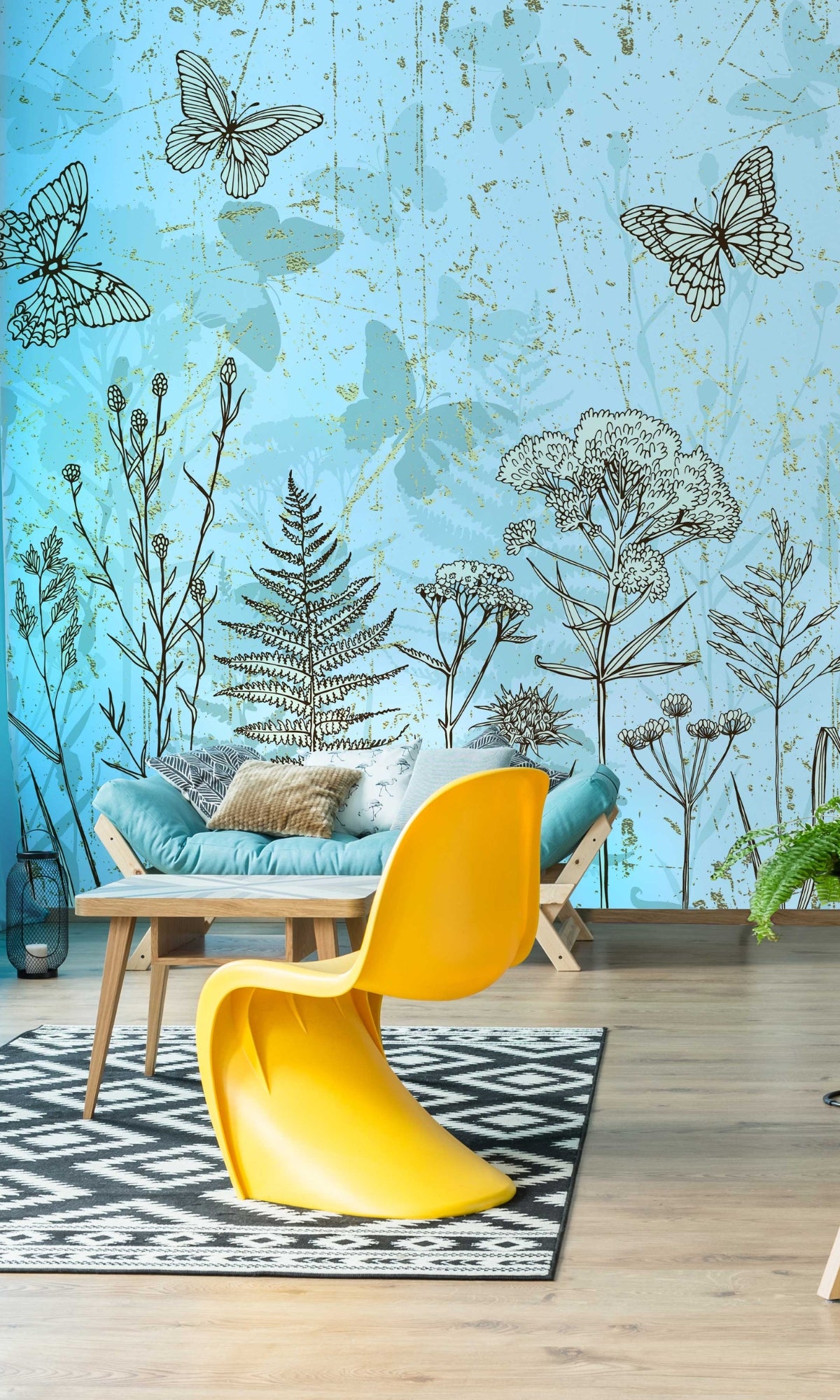 High - Quality Blue Mural Wallpaper with Lifelike Plants and Butterflies M1427