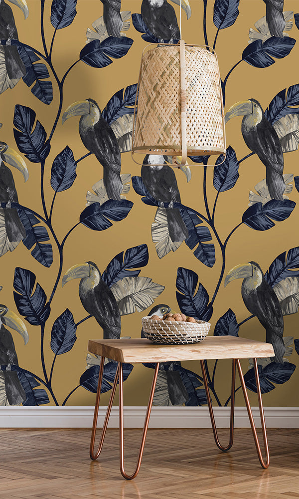Stylish Ochre Tropical Toucans Wall Decoration Wallpaper R7359