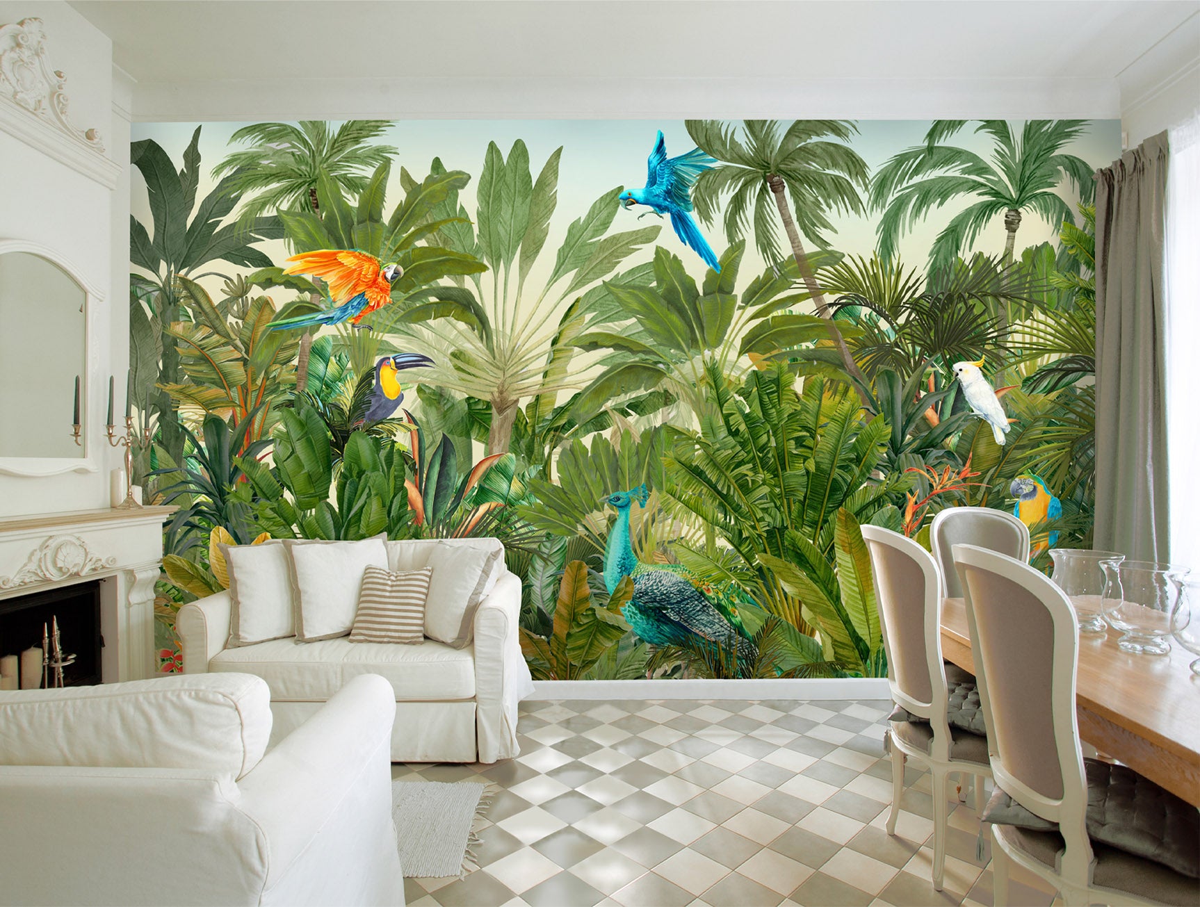 Exquisite Green Tropical Birds Wallpaper Mural for Summer Ambiance M9990