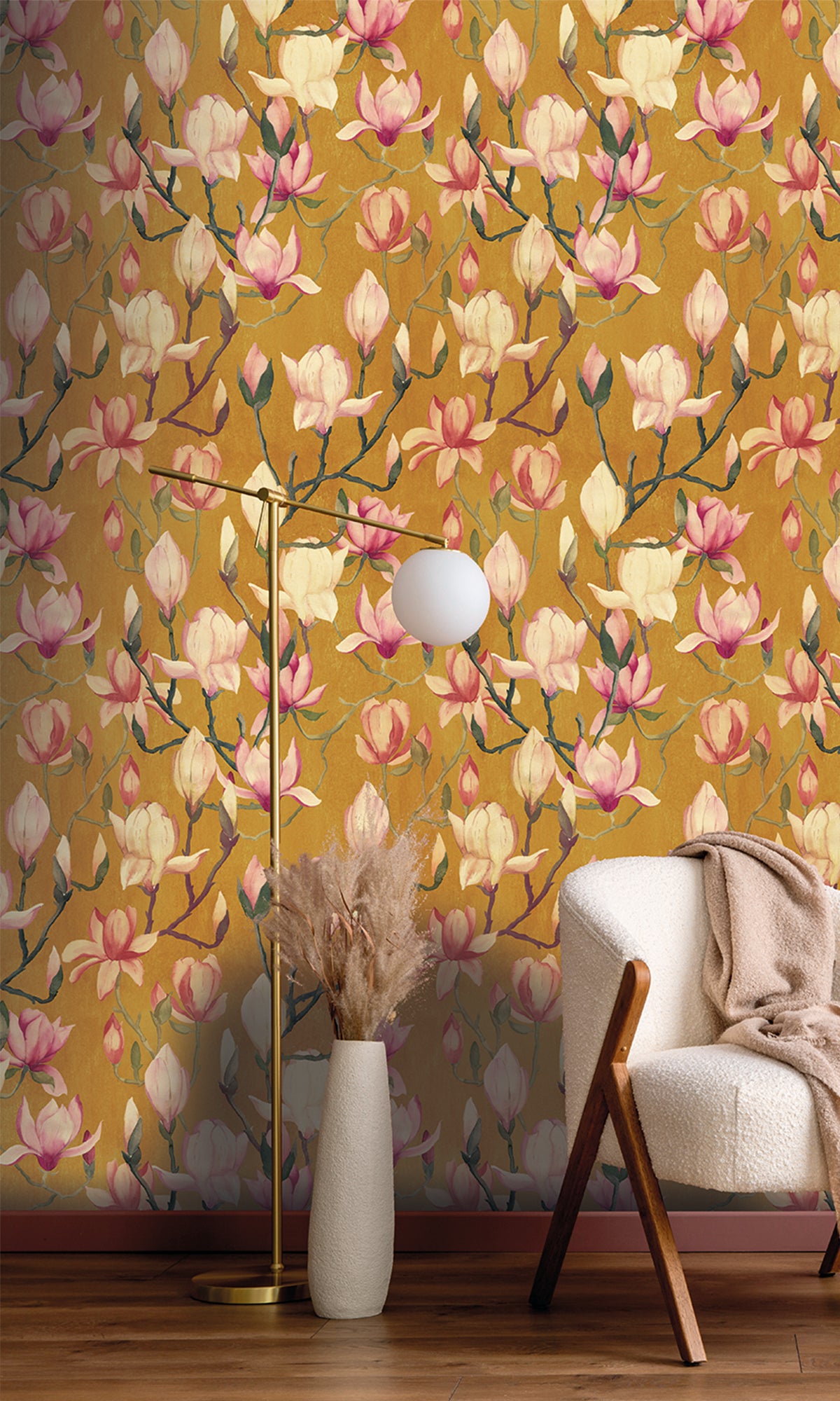 Exquisite Ochre-Colored Magnolia Flowers Textured Non - Woven Wallpaper R9498 for Home Decor