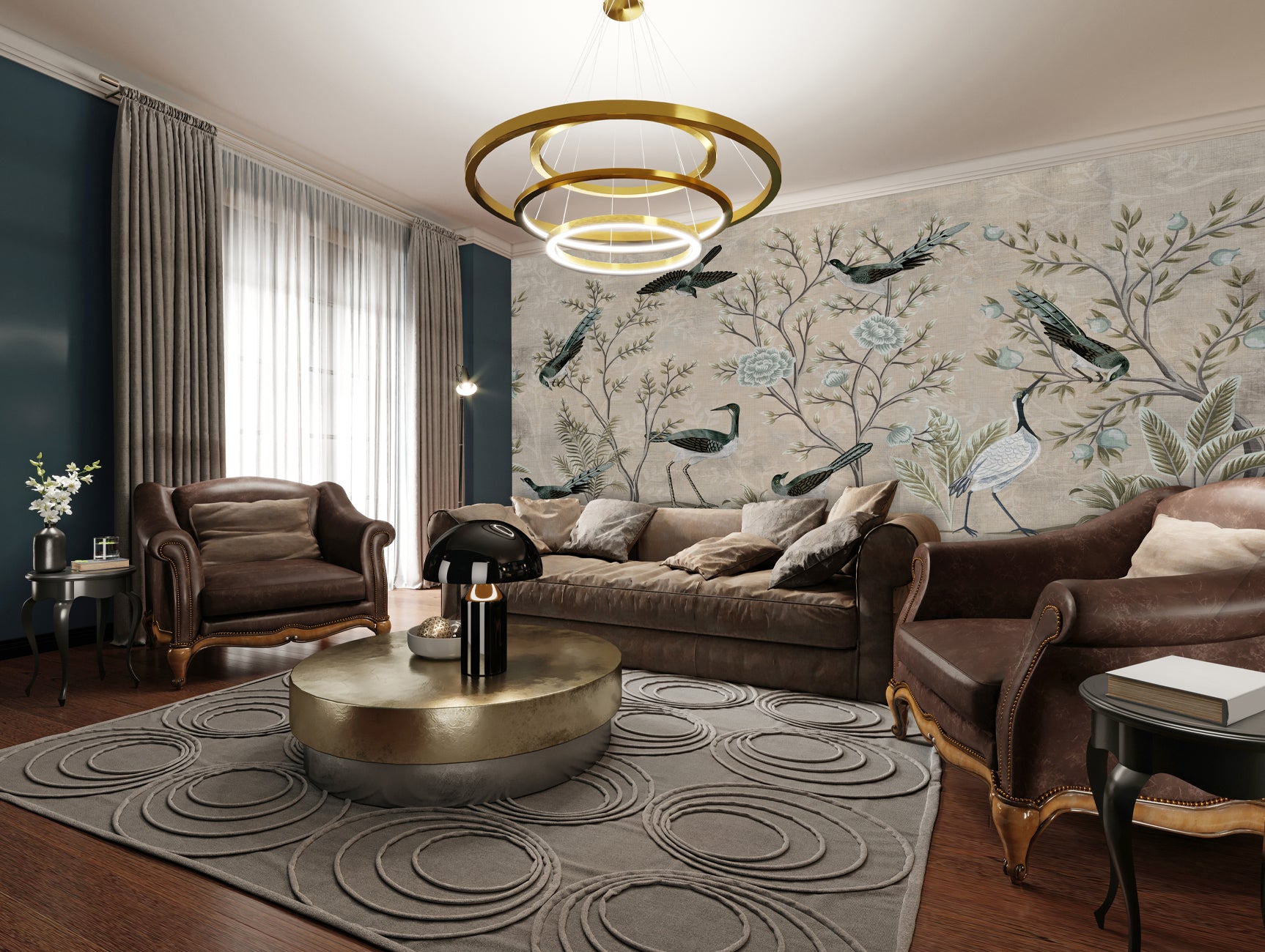 Stunning Neutral Black Garden Birds Mural Wallpaper M1443 for Interior Decoration