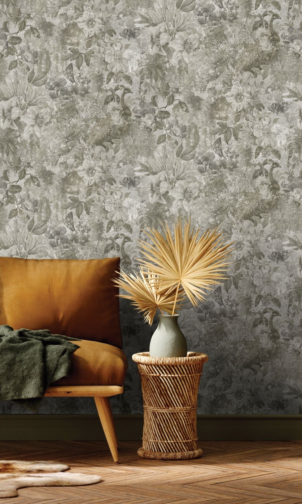 High - Quality Natural Floral and Peacock Patterned Distressed Concrete Style Wallpaper R7585