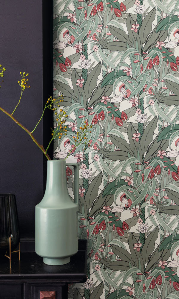 Trendy Muted Sage Tropical Pop Canvas Wallpaper R6587