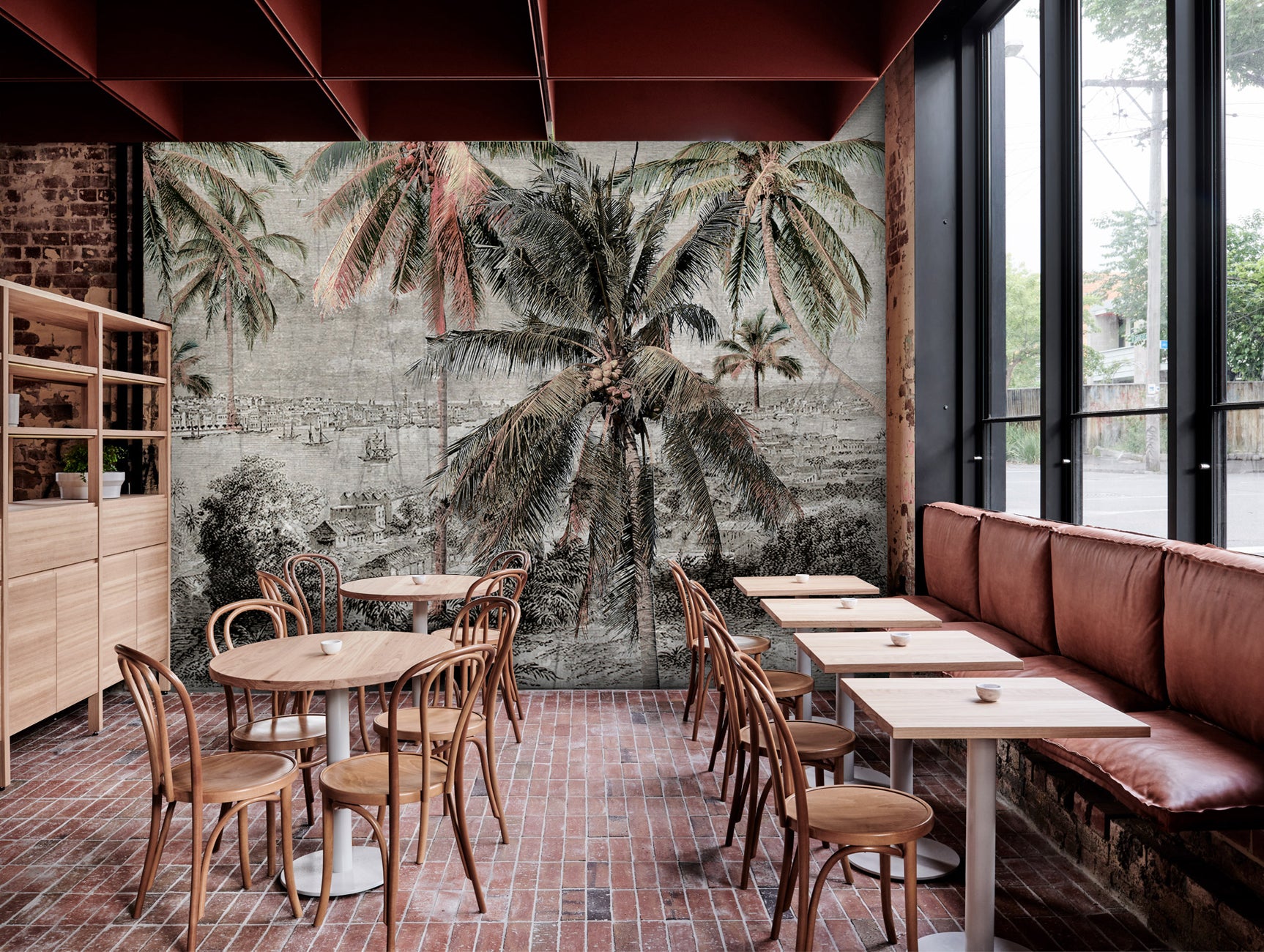 Black and White Coastal Port City Palm Trees Mural Wallpaper Design M1178 for Interior Decoration