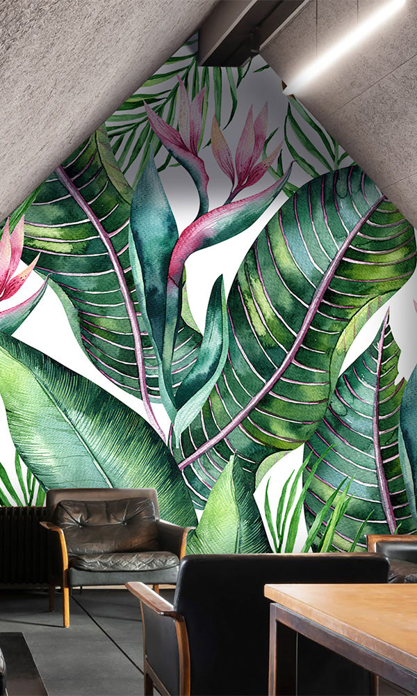 Tropical Green Botanical Wallpaper Mural M9899 with Waving Leaves