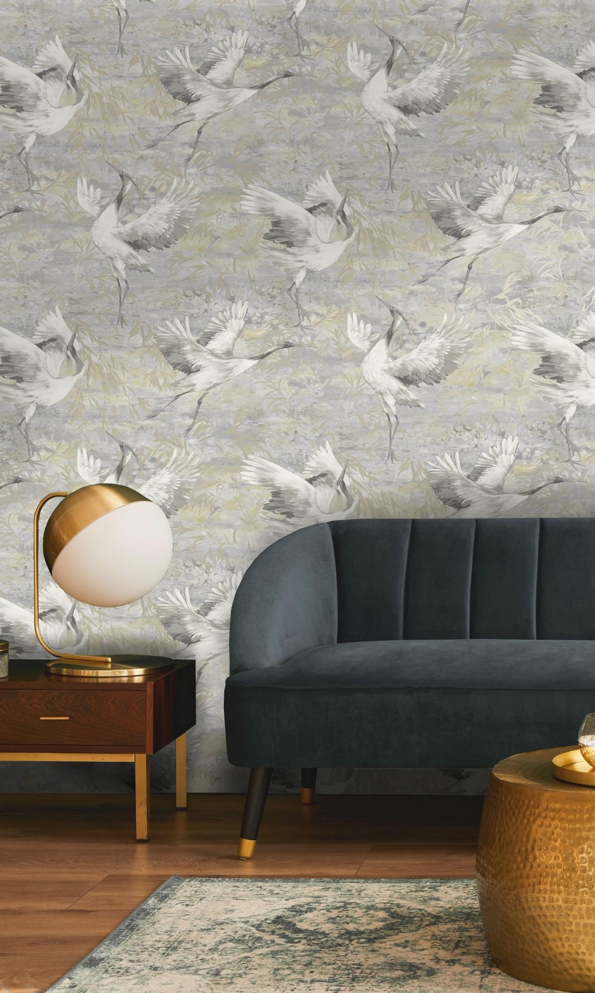 Metallic Grey Field Sarus Crane Wallpaper R7587
