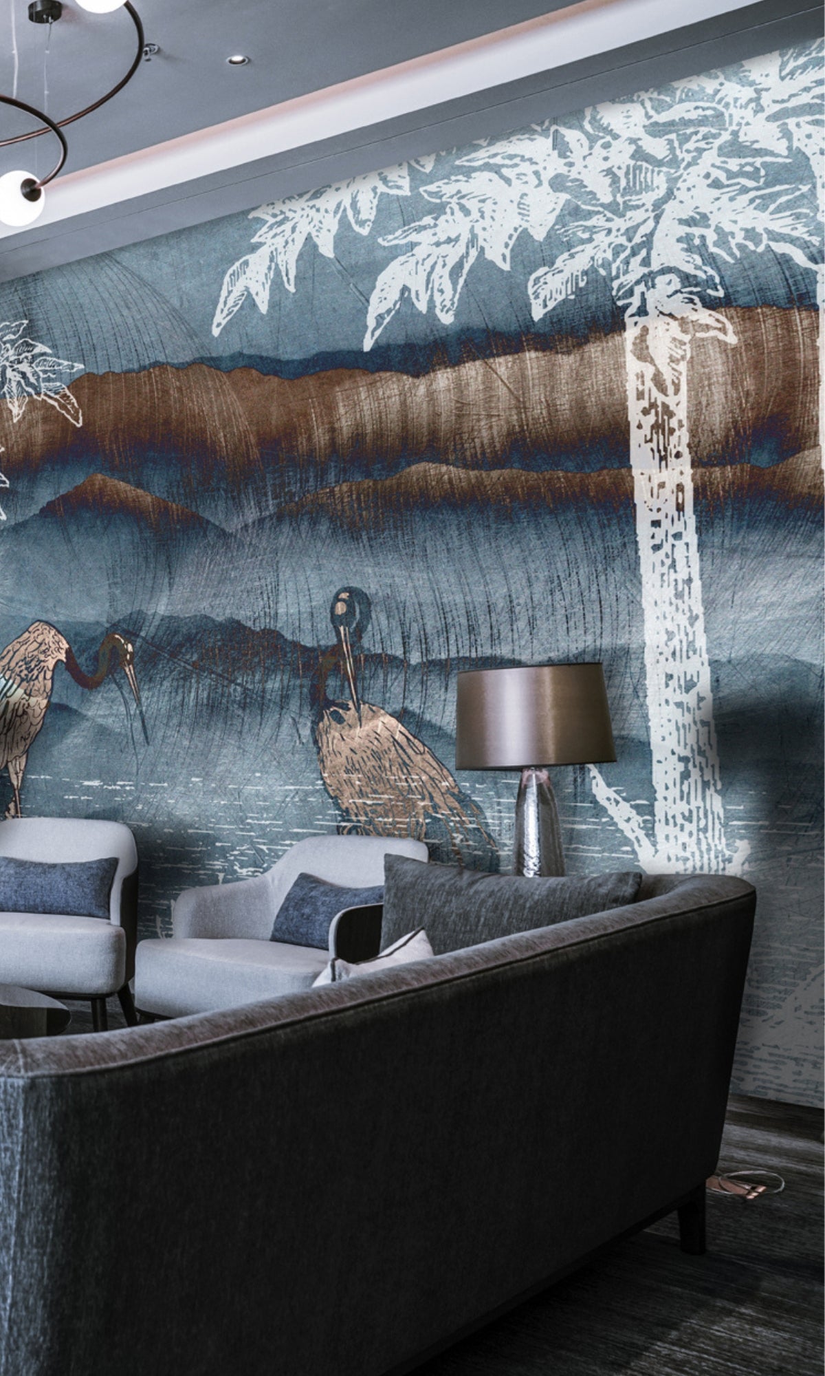 Stylish Neutral Mountains and Pelicans Decorative Mural Wallpaper M1439 for Residential and Commercial Use