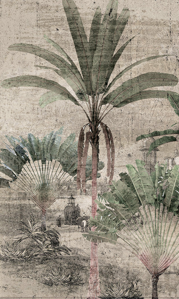 Antique Tropical Landscape Mural Wallpaper M9614 - Faded Vintage Print