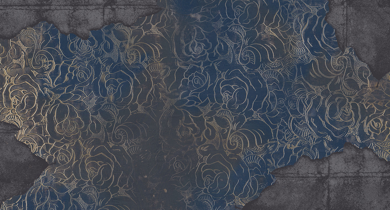 Stunning Blue Floral Engraved Concrete Wall Mural M9563